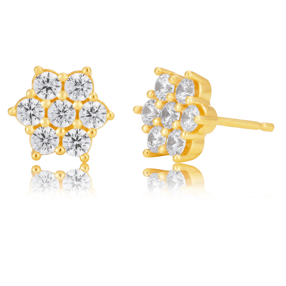 9ct Gold Filled Cubic Zirconia Flower Stud Earrings for Women - Elegant Floral Jewelry for Daily Wear, Parties & Gifts