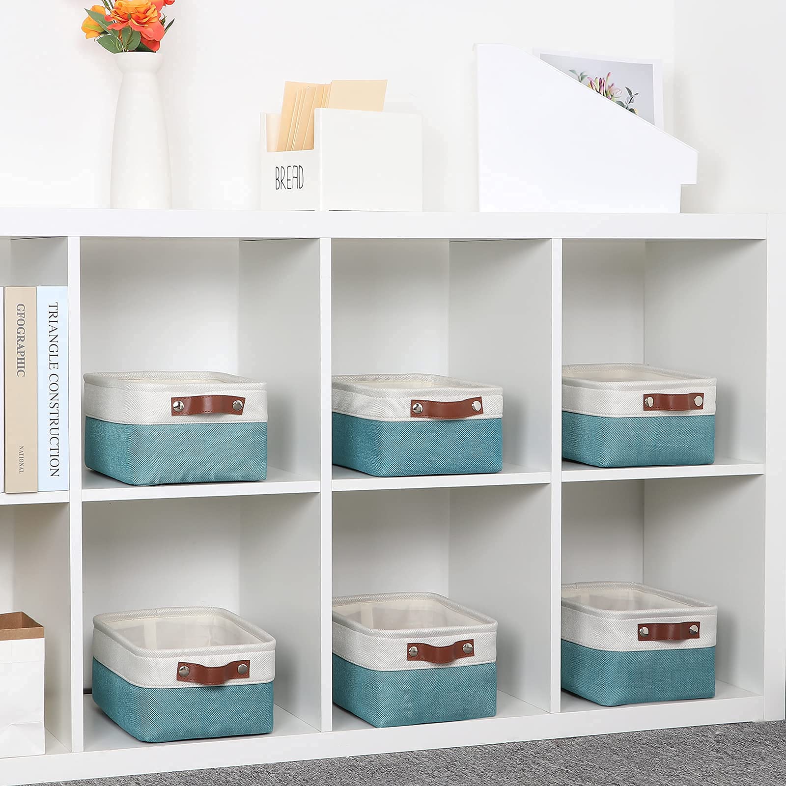 DULLEMELO Collapsible Storage Baskets Set - 3 Medium (15x11x9.5 inches) & 6 Small (11.8x7.9x5.1 inches) Foldable Organizer Bins in White & Teal - Perfect for Home, Office, Closet, Bathroom & Kids Room Organization