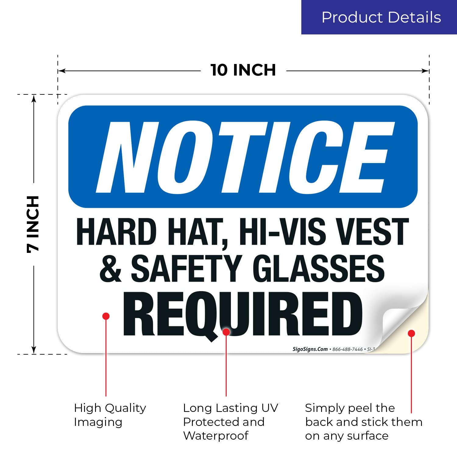 OSHA Approved Hard Hat Hi-Vis Vest & Safety Glasses Required Sign - 10x7 Inch Durable 4 Mil Vinyl Decal Sticker - Weatherproof, UV Resistant, Long Lasting - Made in USA - Perfect for Construction Sites, Warehouses & Industrial Workplaces