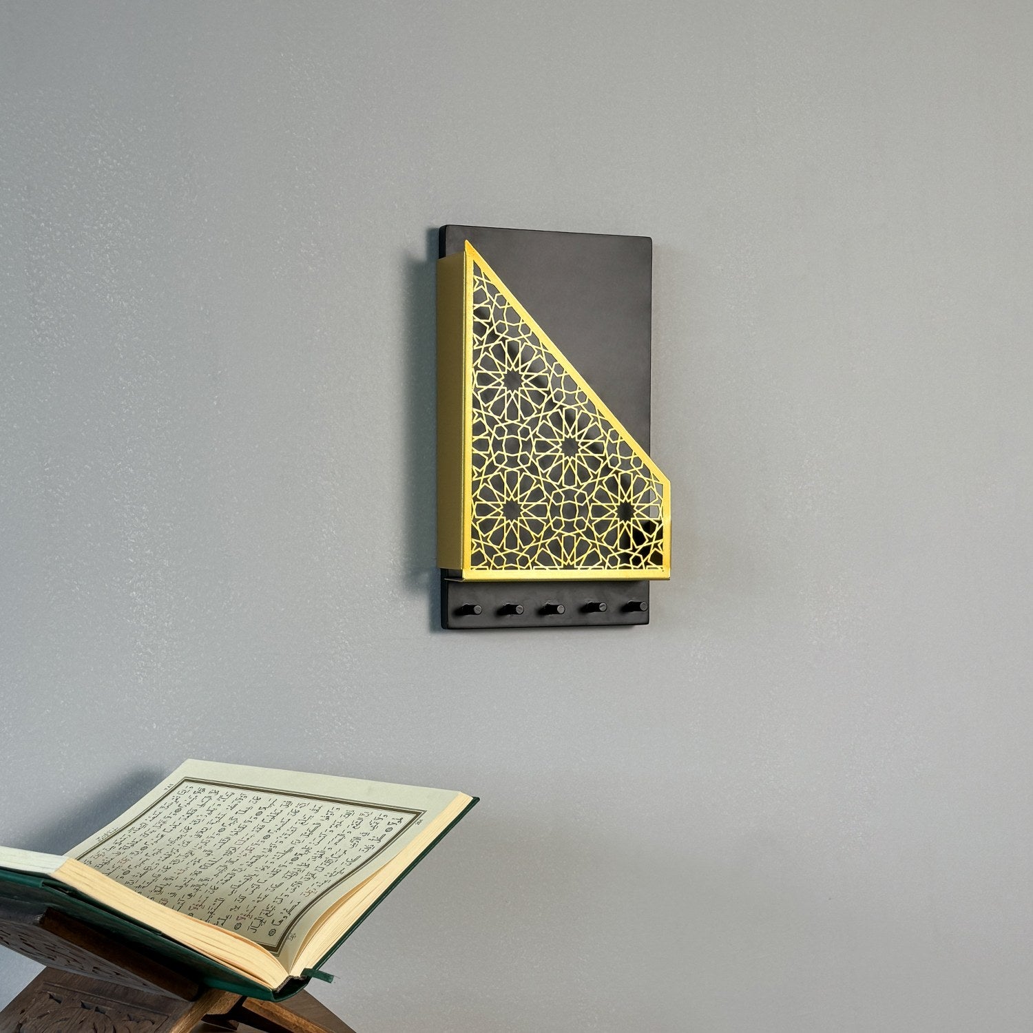 Elegant Metal Floating Quran Box with Rosary Hanger - Quran & Key Holder Storage - Perfect for Home Decor, Prayer Room, and Gift Giving