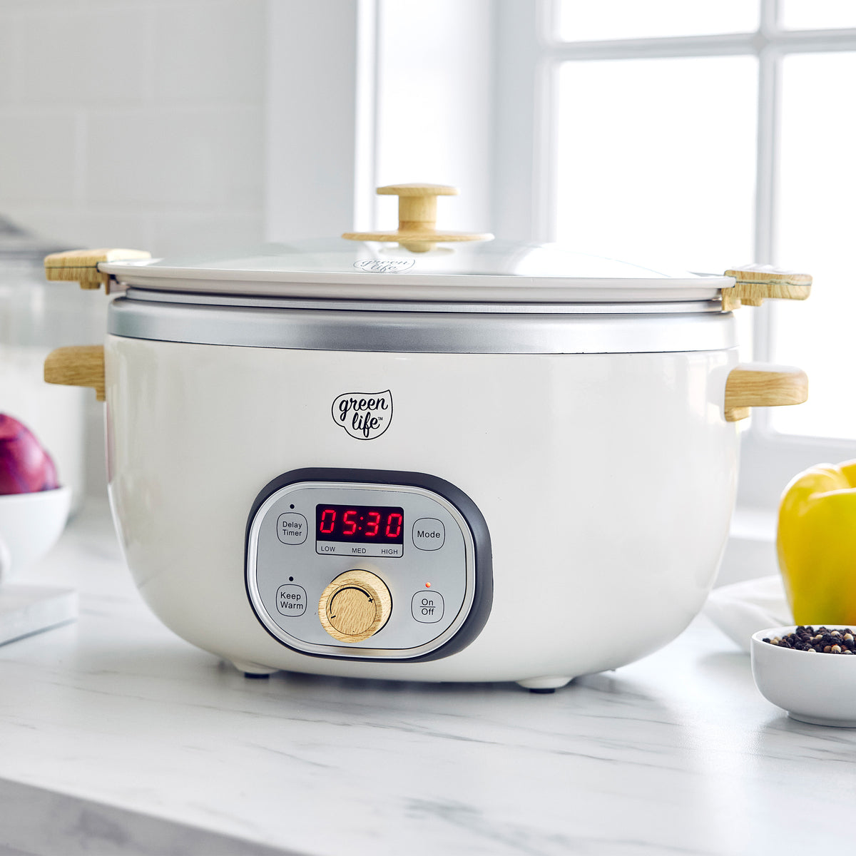 GreenLife Healthy Duo 6 Quart Slow Cooker with Cream Finish | Non-Toxic Ceramic Cooking Pot for Healthy Meals | Perfect for Soups, Stews, and Family Dinners