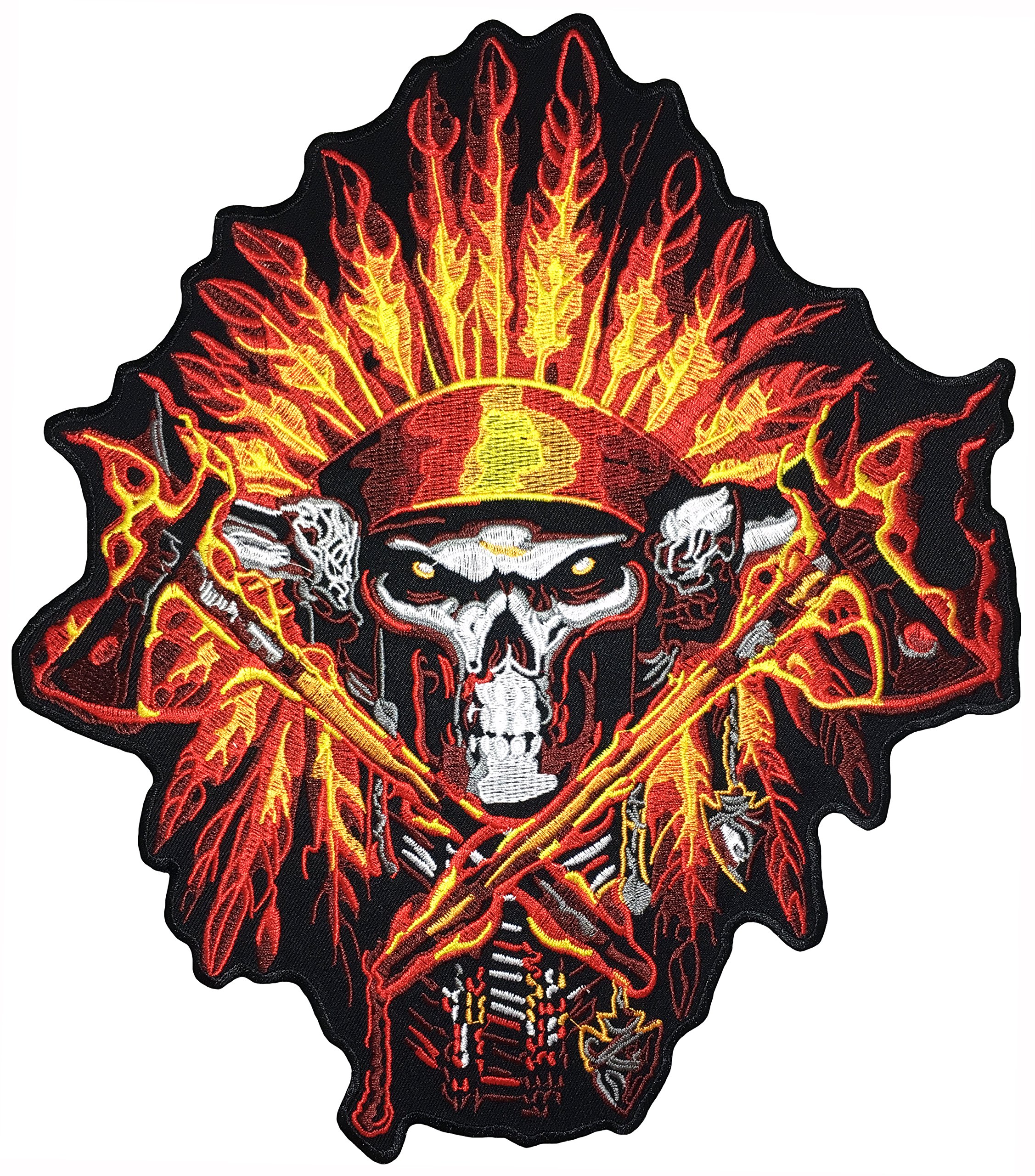Large Embroidered Iron-On Patch - Fire Flame Feathered Indian Chief Skull Design for Biker Jackets & Vests | Motorcycle Accessories & DIY Sewing Projects | Perfect for Biker Gangs, Costumes & Denim Customization