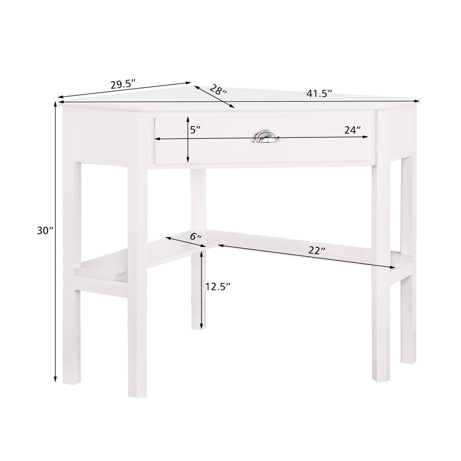 KOTEK White Corner Desk with Drawer & Shelves - Wooden Home Office Computer Desk, Study Writing Table, Makeup Vanity Workstation | Perfect for Small Spaces, Bedroom, Dorm & Office Organization