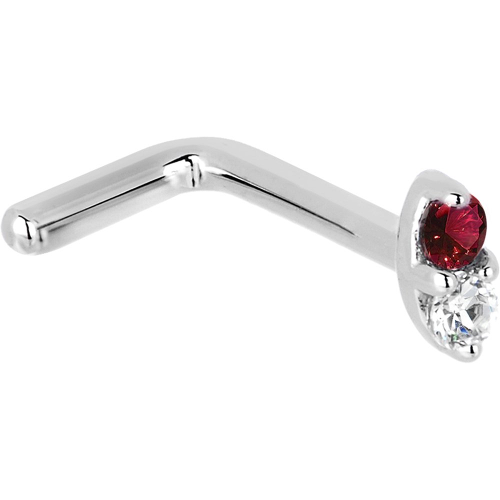 14K White Gold L-Shaped Nose Stud with 1.5mm Red CZ Marquise - 18 Gauge 1/4
