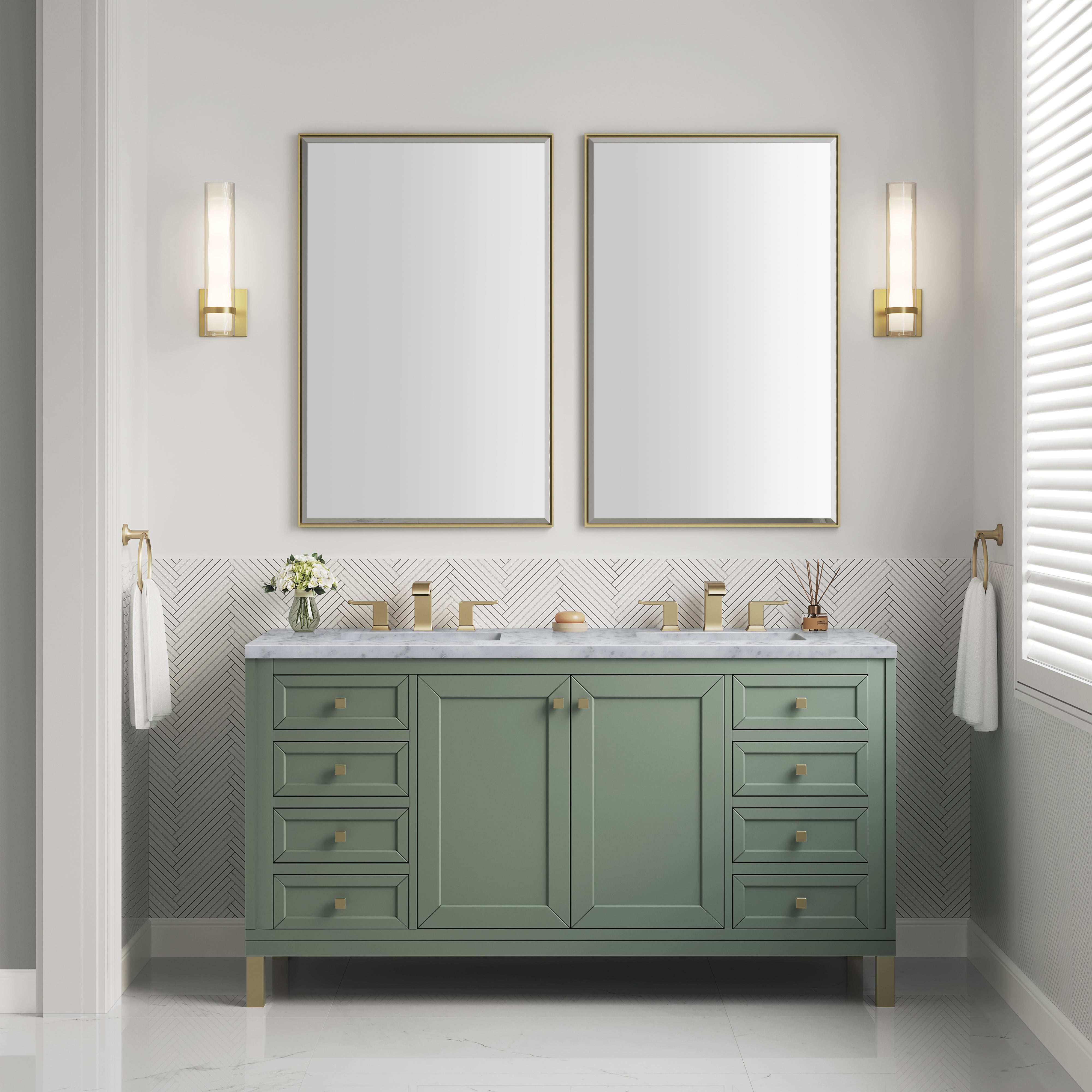 Chicago 60-Inch Double Vanity with Smokey Celadon Finish & 3CM Carrara Marble Top - Perfect for Master Bathroom Renovation & Luxury Home Upgrade