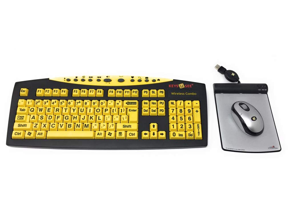 Large Print Yellow Keyboard with Wireless Mouse & USB Pad - for Office & Gaming