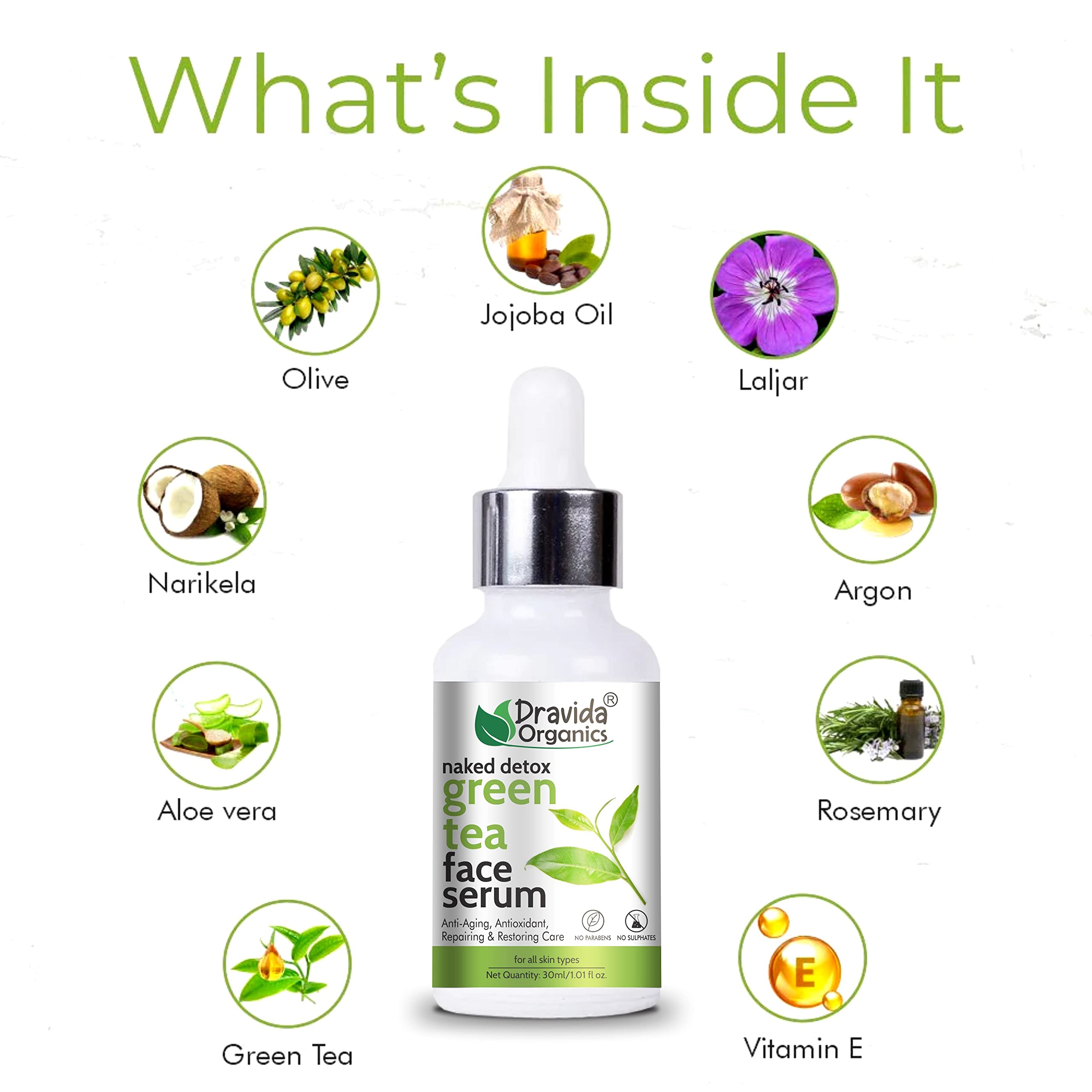 Dravida Organics Green Tea Face Serum - Anti-Aging, Antioxidant, Repair & Restore Skin Care (30ml) | Best for Daily Hydration, Wrinkle Reduction & Glowing Skin