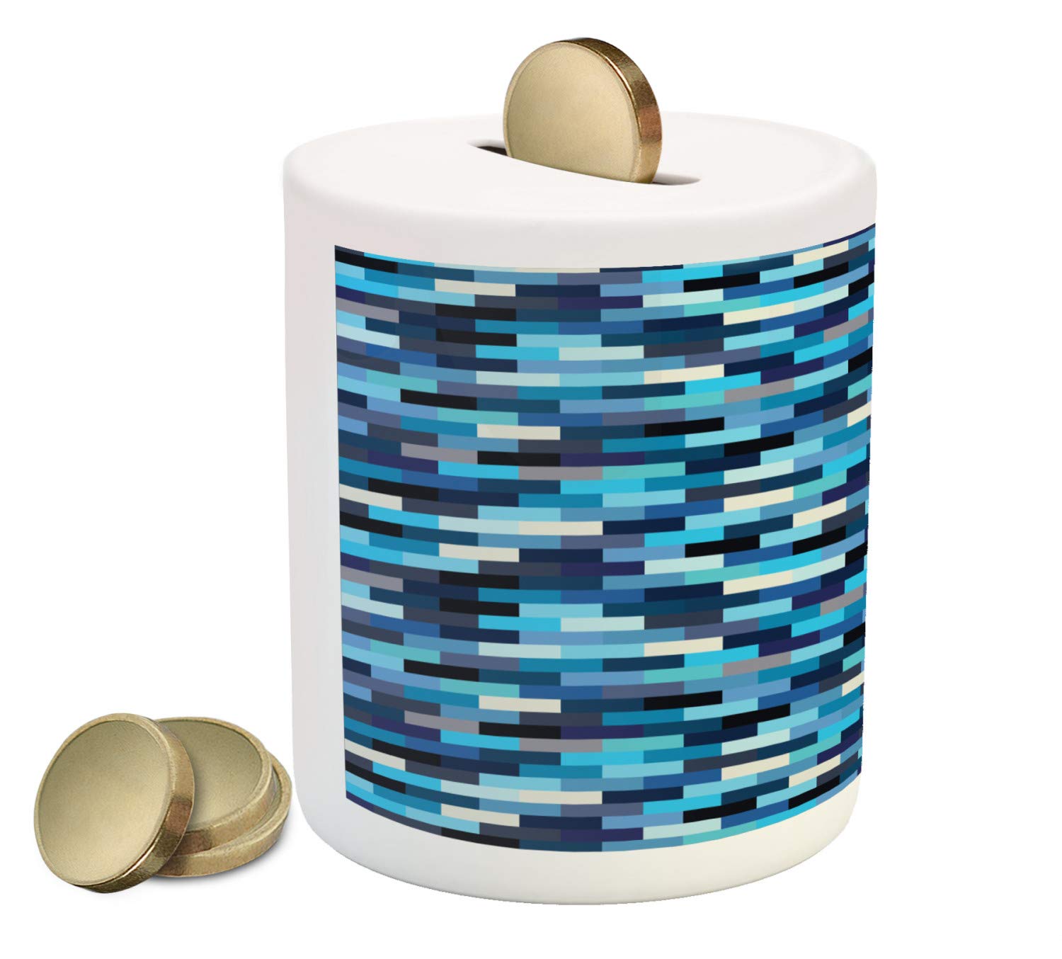 Ambesonne Abstract Piggy Bank - Modern Geometric Ceramic Coin Bank with Blue Stripe Design for Cash Savings | Perfect Gift for Kids, Teens & Home Decor