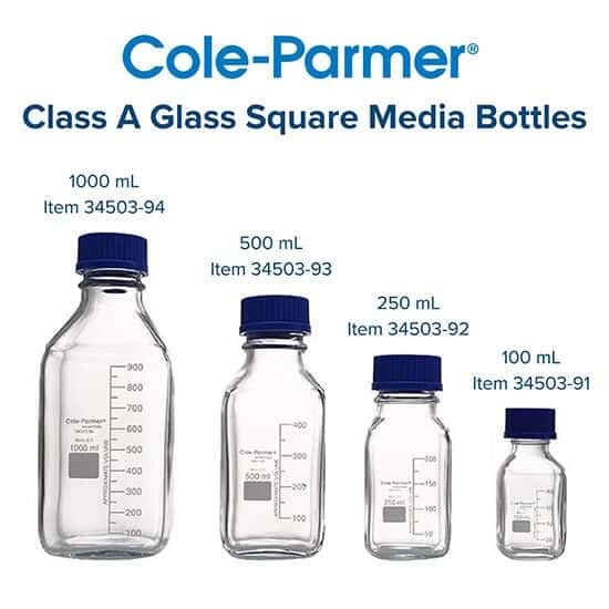 Cole-Parmer Class A Square Glass Media Bottles 1000ml with 100mL Graduation - Ideal for Laboratory Storage, Chemical Mixing & Scientific Experiments