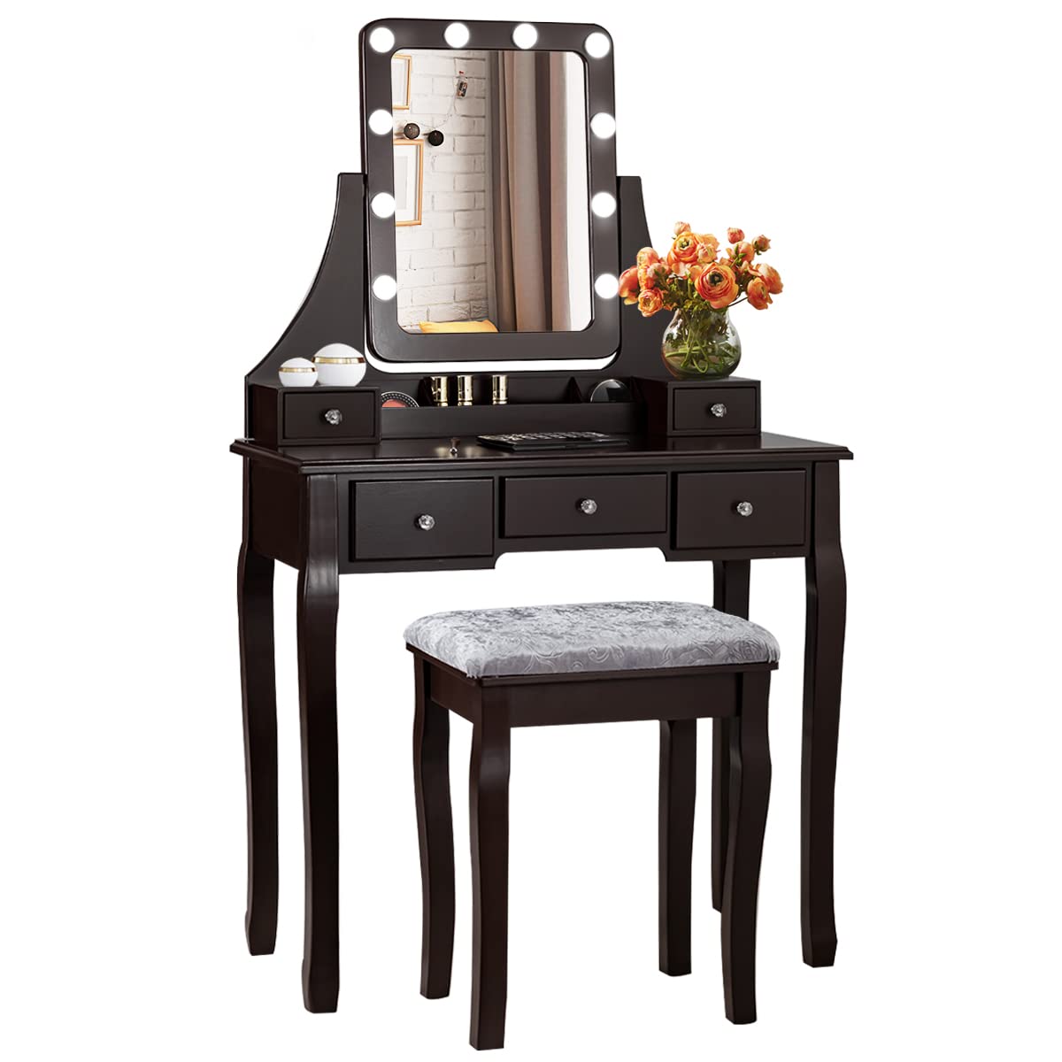 AUGESTER Lighted Makeup Vanity Set with 10 LED Bulbs - 3-Slot Organizer, 5 Drawers & Cushioned Stool - Dressing Table with Lighted Mirror for Bedroom (Brown/White/Black) - Perfect for Home Beauty Salon & Makeup Organization (HW66402US)