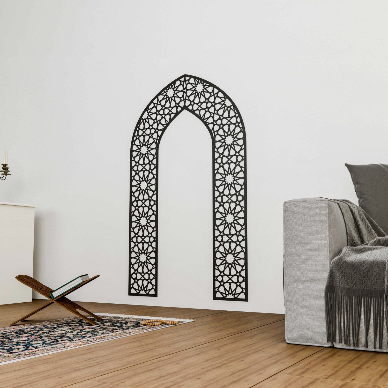 Islamic Wooden Mihrab Decor - Handcrafted Prayer Niche with 12-Pointed Star Motif for Home Mosque & Prayer Room Design Ideas