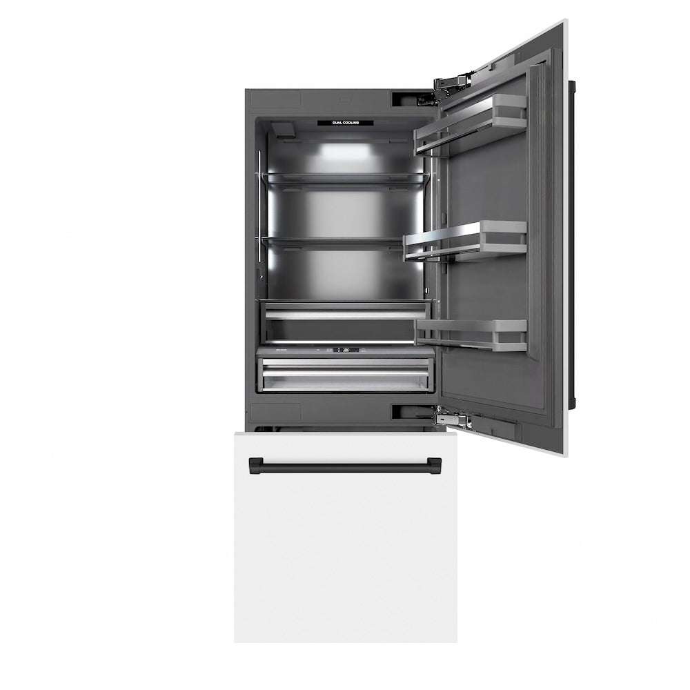 ZLINE Autograph Edition 30-Inch Built-In Bottom Freezer Refrigerator - 16.1 cu ft Capacity, Water Dispenser & Ice Maker - White Matte Exterior with Graphite Gray Interior & Matte Black Accents (GRBIVZ WM 30 MB) - Perfect for Modern Kitchens & Open-Concept Homes