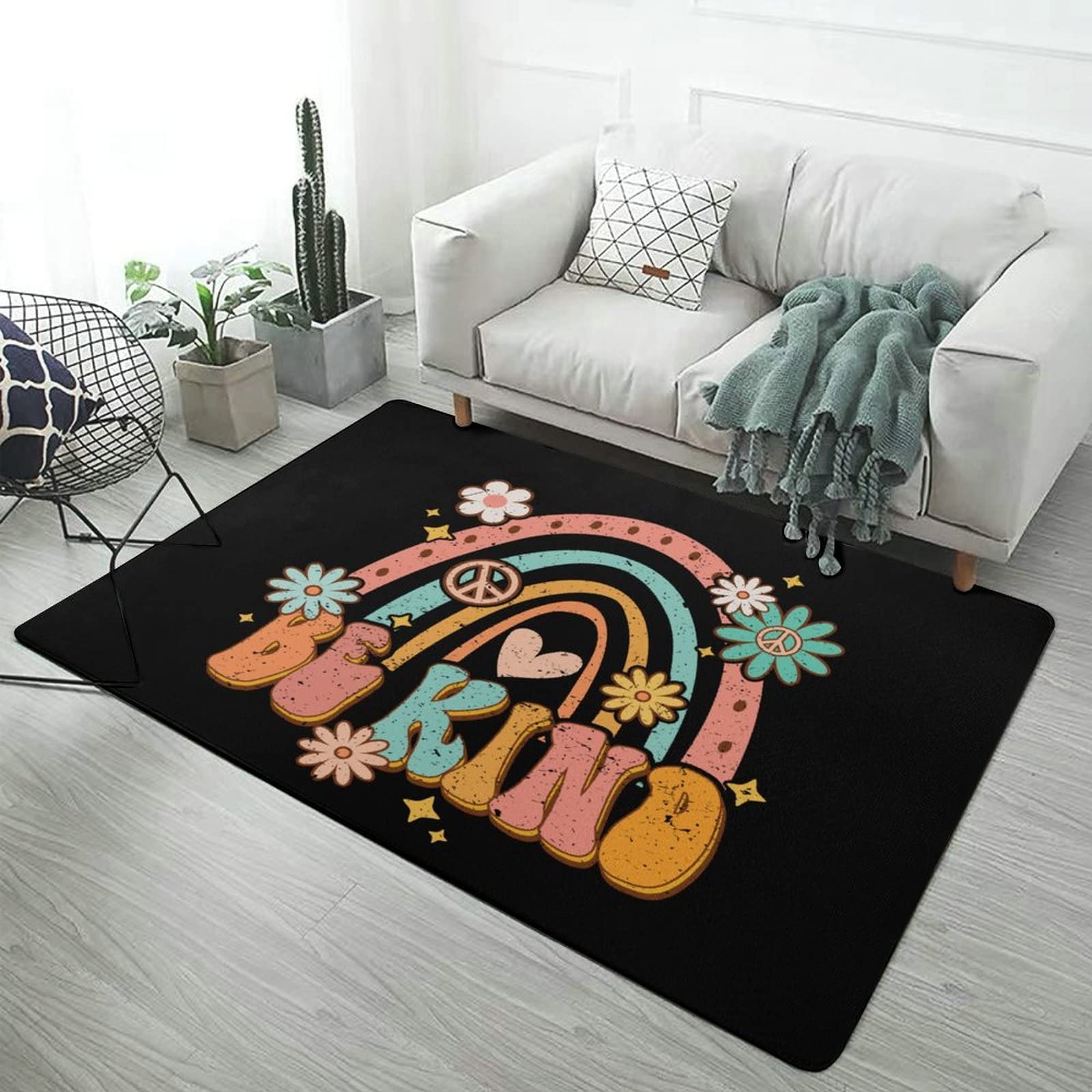 Vibrant Retro Rainbow Area Rug - Soft 5x6.5ft Kids Floor Mat for Bedroom, Nursery & Playroom | Durable Non-Slip Carpet for Girls Room, Teen Dorm & Living Space Decor | Perfect for Science & Feminism Themed Rooms