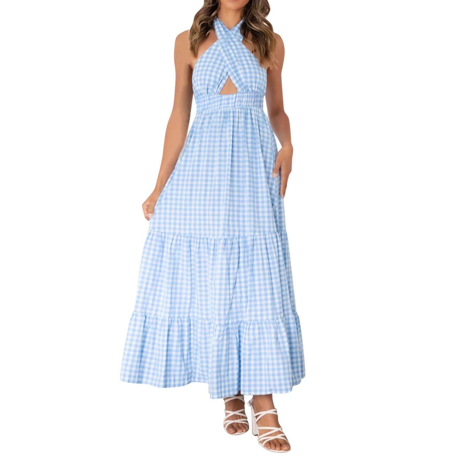 Elegant Boho Plaid Print Cross Halter Collar Linen Dress for Women - Sexy Summer Dress for Casual Outings, Beach Vacations & Date Nights