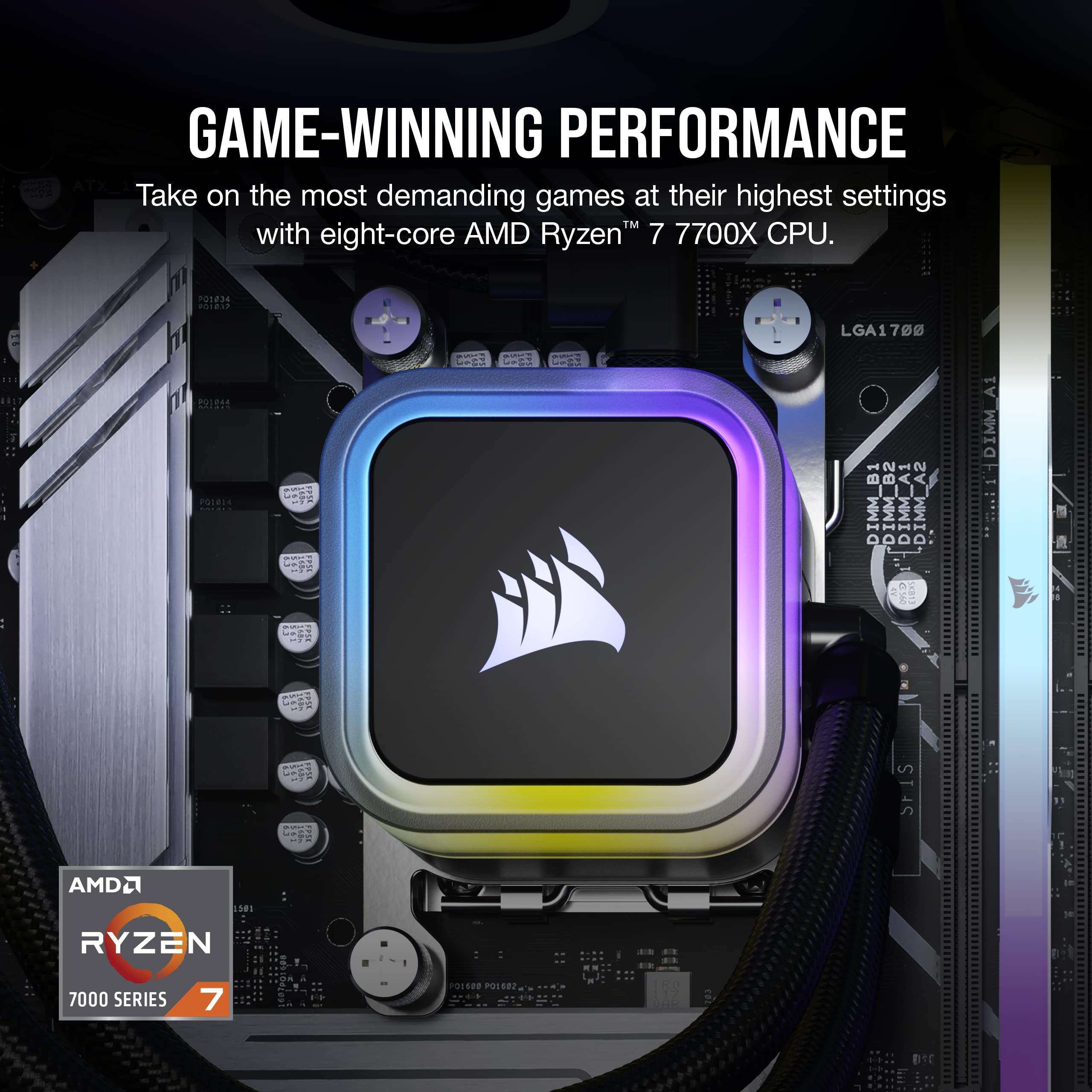 Corsair Vengeance a7300 Gaming PC - AMD Ryzen 7 7700X Liquid Cooled CPU, NVIDIA RTX 4070 GPU, 32GB RGB DDR5 RAM, 1TB NVMe SSD - High Performance Gaming & Streaming Desktop Computer for 4K Gaming, VR, and Content Creation