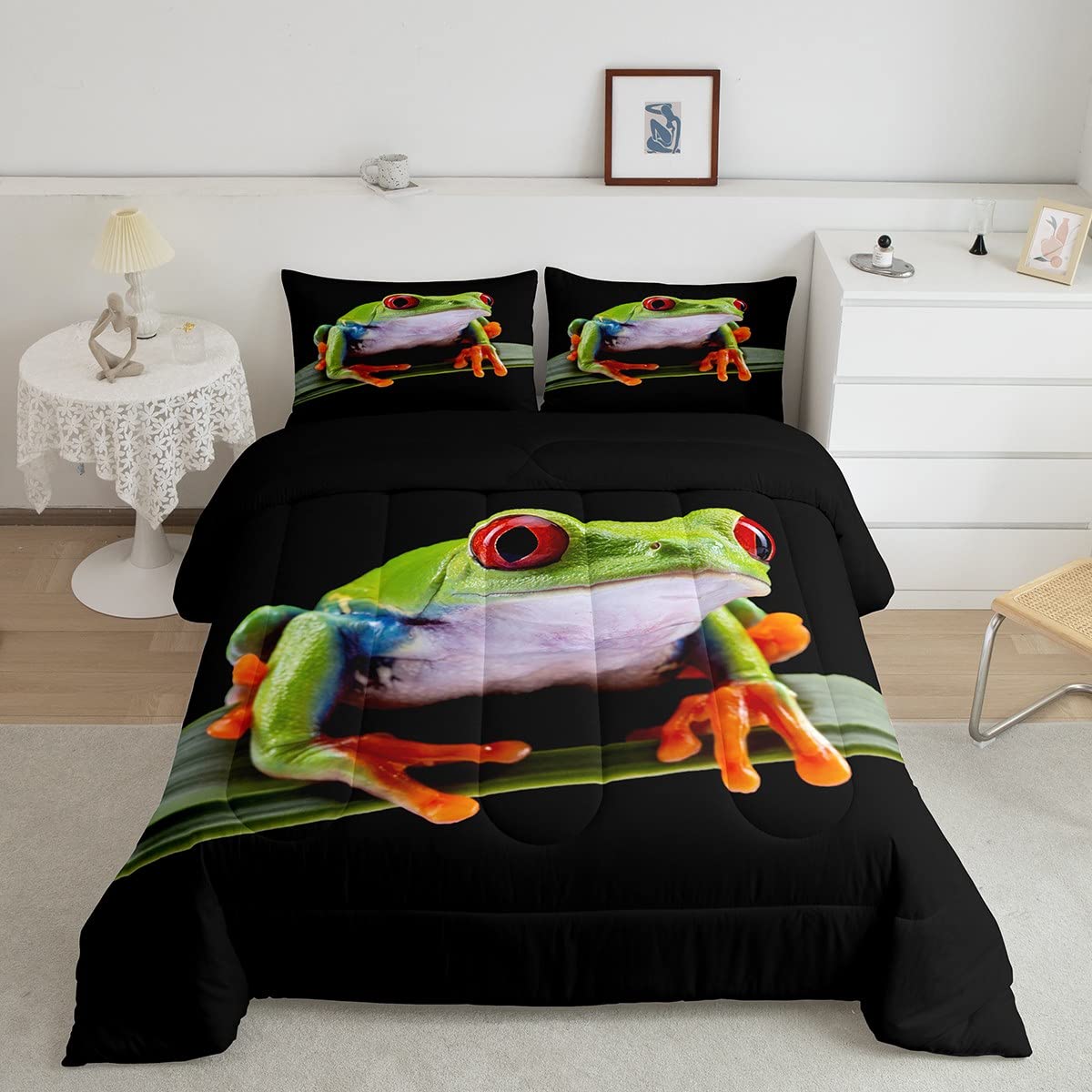 3D Frog Print Comforter Set Full Size - Tropical Amphibian Quilted Duvet Cover with 2 Pillowcases | Animal Themed Bedding for Teens, Boys & Kids | Botanical Pattern Home Decor | Perfect for Jungle Themed Rooms & Nature Lovers