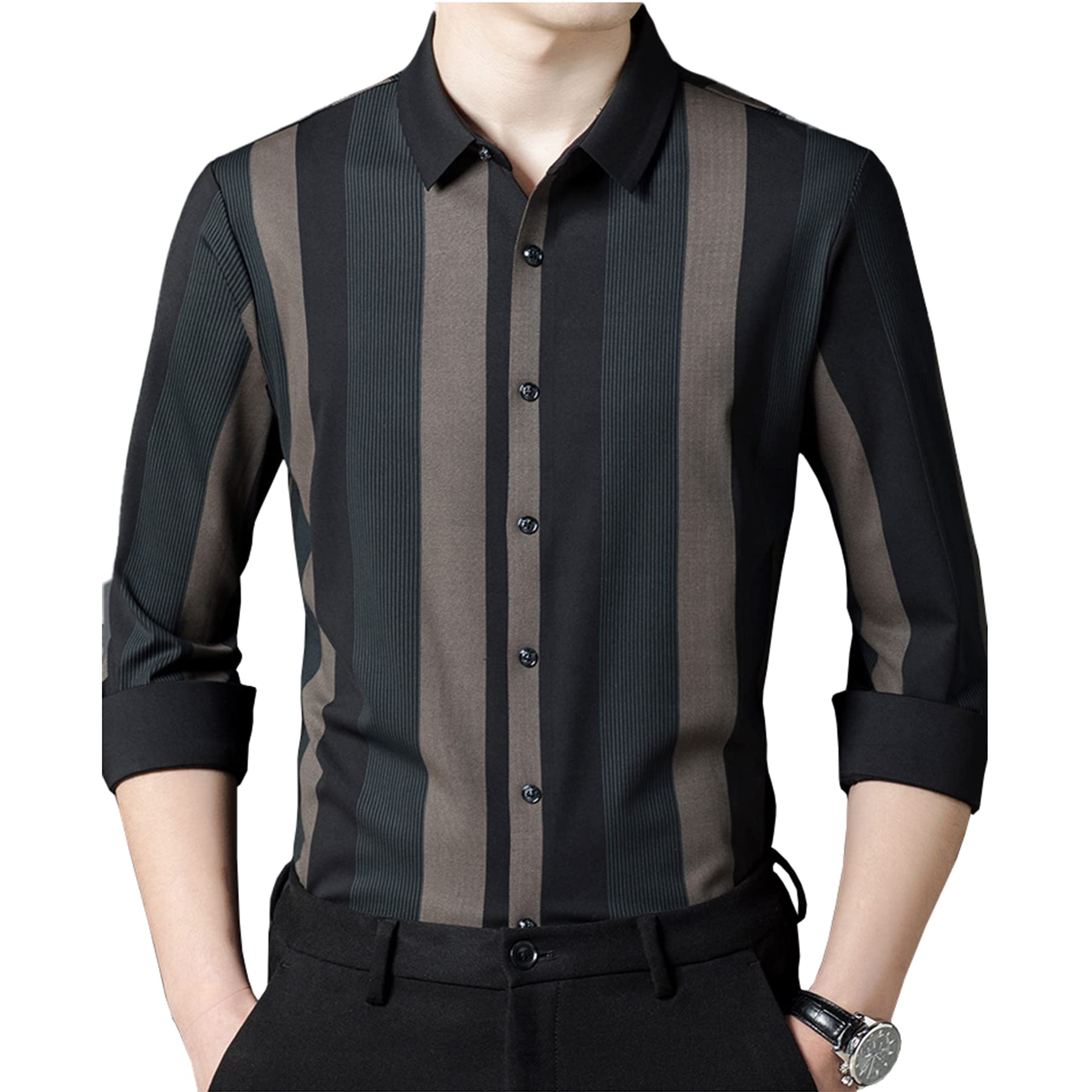 Men's Slim Fit Bamboo Fiber Striped Dress Shirt - Breathable Long Sleeve Formal Casual Shirt for Office, Business, Wedding & Everyday Wear