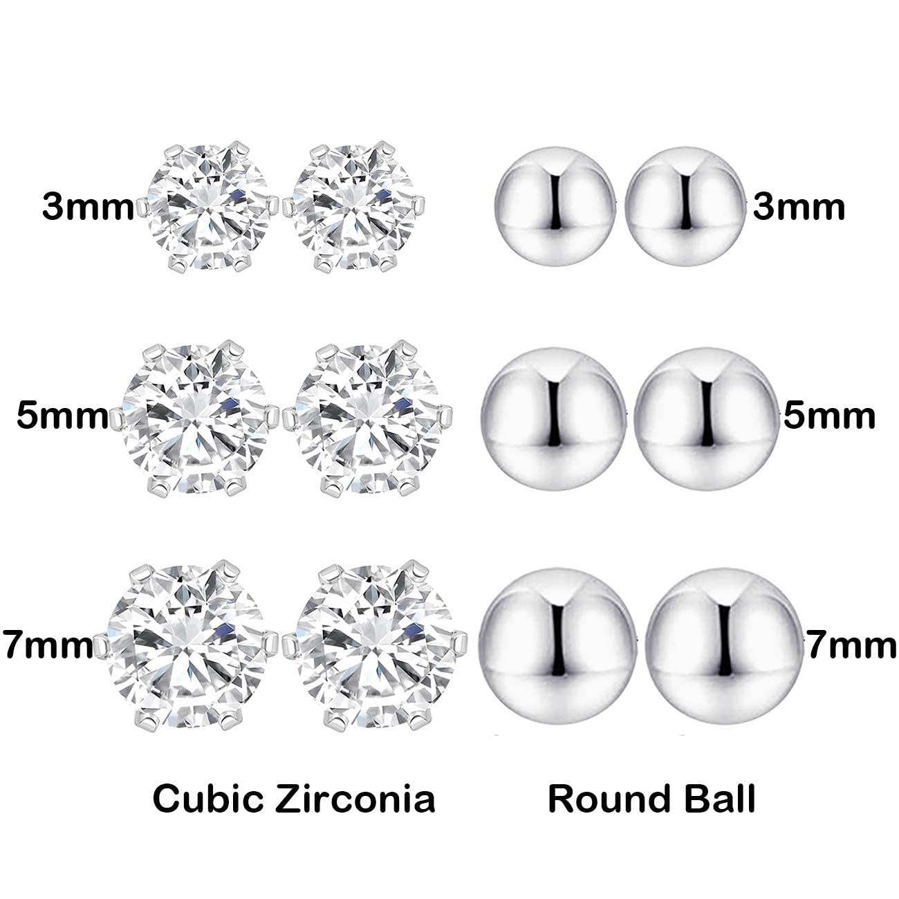 Hypoallergenic Surgical Stainless Steel Earrings for Women & Men - Flat Screw Back Helix Post, Cubic Zirconia Simulated Diamond Round Ball Stud Multipack | Perfect for Daily Wear, Work, Parties & Gifts