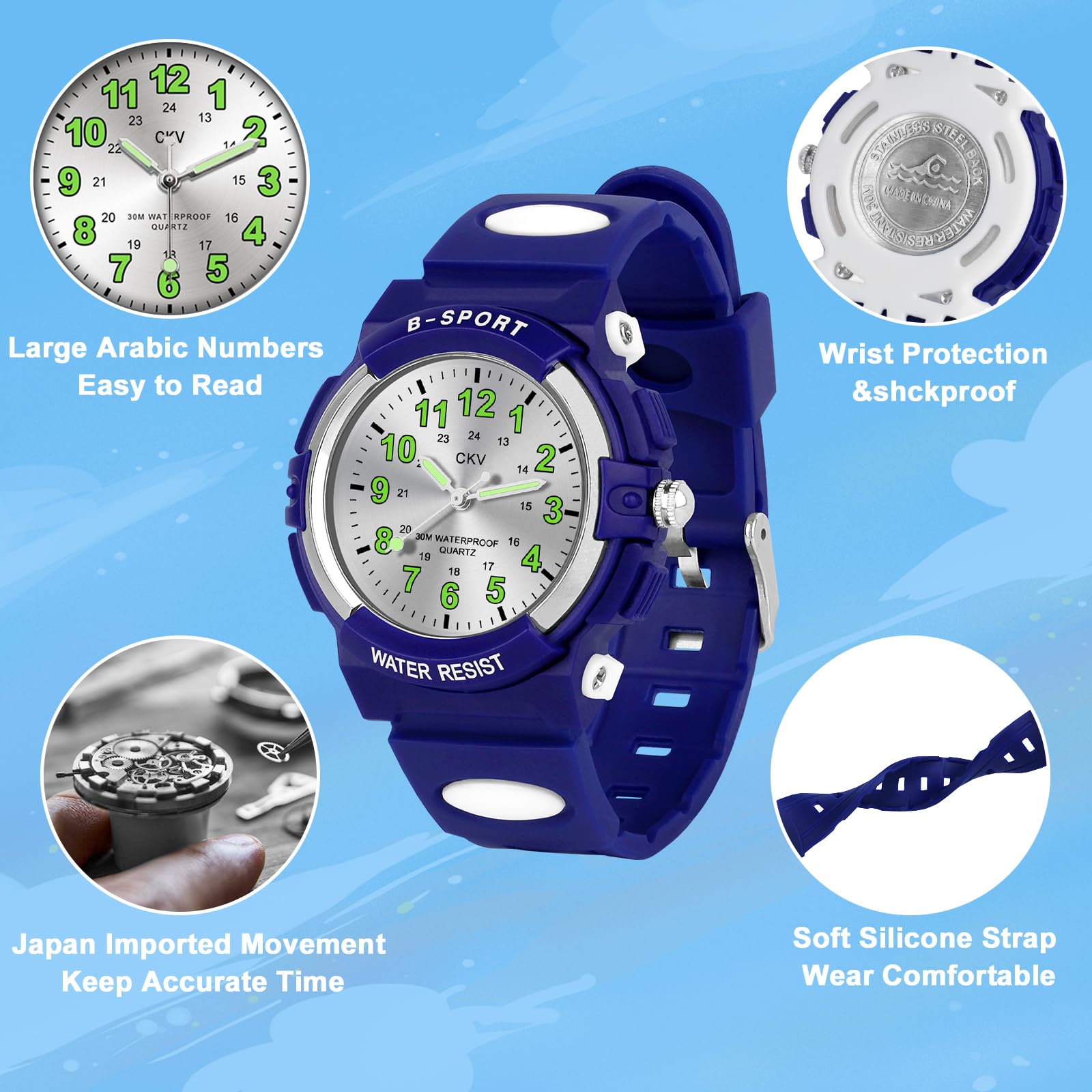 CKV Kids Analog Watch for Boys & Girls Ages 5-12 - Waterproof Sports Watch with Easy-to-Read Dial & Soft Comfort Band - Perfect for School, Outdoor Play & Learning to Tell Time