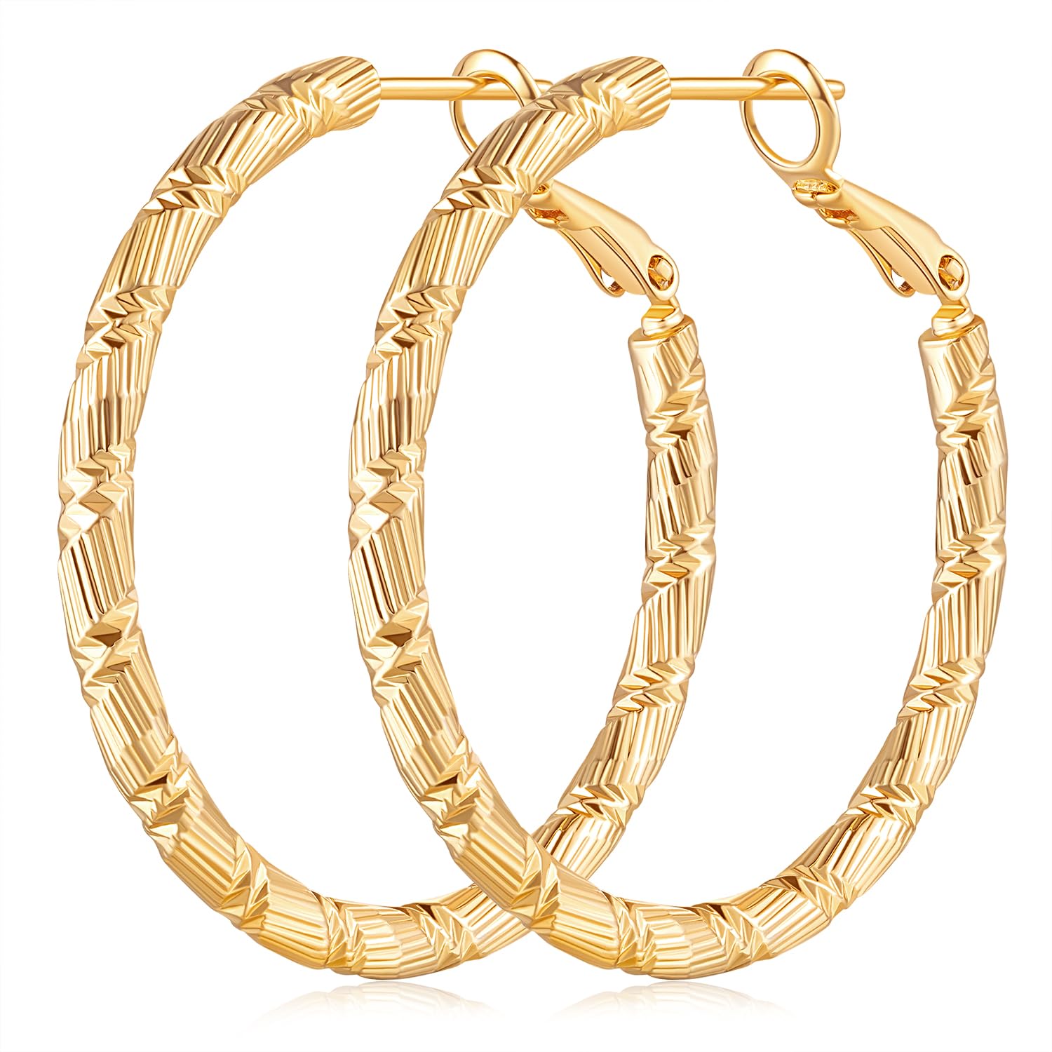 14K Gold Hoop Earrings for Women - 30mm Thick Solid Gold Hoops with Line Cutting Design - Elegant & Durable Everyday Jewelry for Work, Parties & Gifting