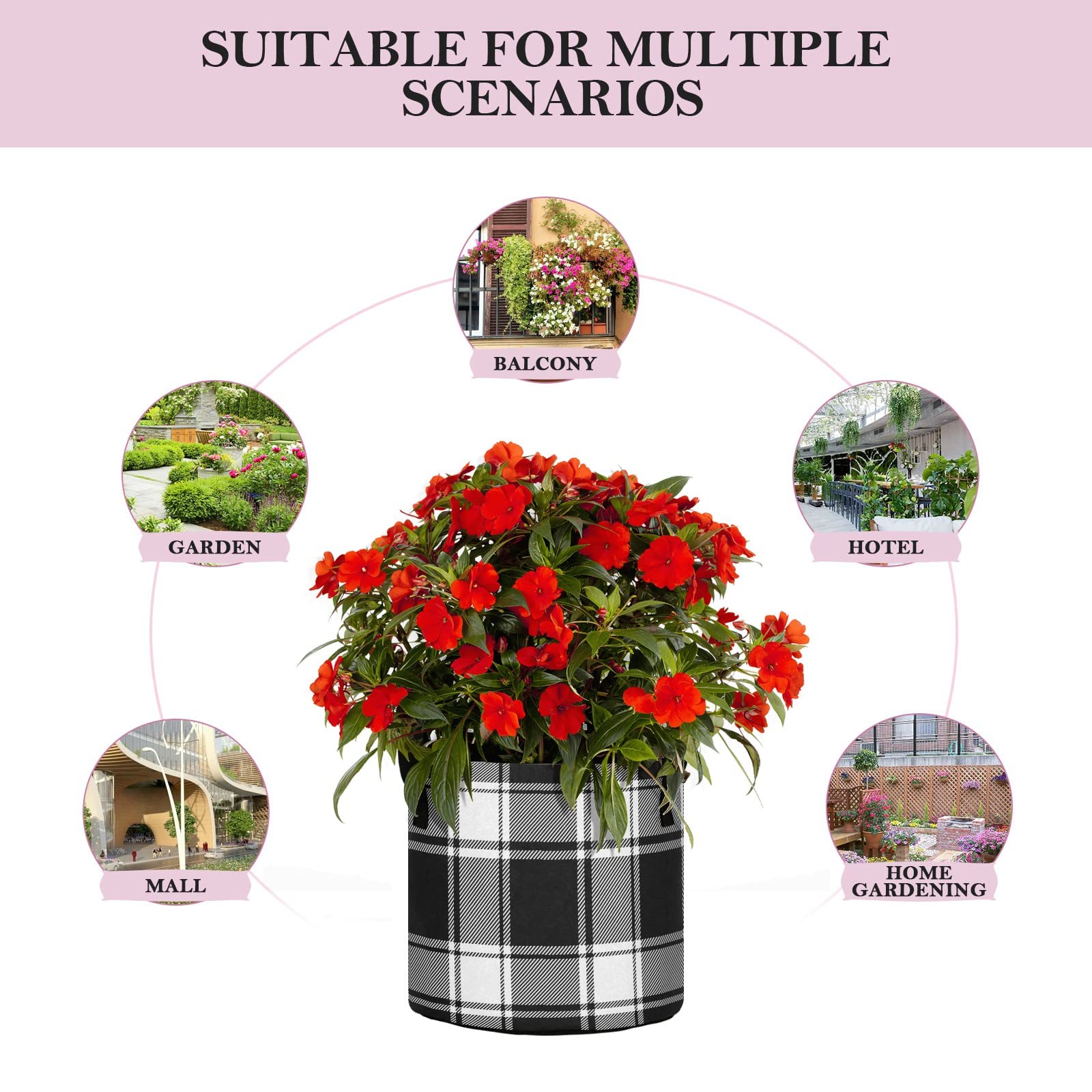 3 Gallon Grow Bags with Handles - Heavy Duty Aeration Fabric Pots for Plants, Thickened Felt Plant Containers, Farmhouse Black and White Buffalo Check Plaid - Perfect for Indoor/Outdoor Gardening, Vegetables, Flowers & Herbs