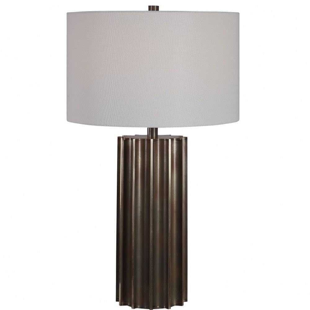 Fluted 1-Light Khalio Gun Metal Table Lamp with White Linen Drum Shade & 3-Way Switch - Modern Bedside Lamp for Living Room, Bedroom, or Office Decor