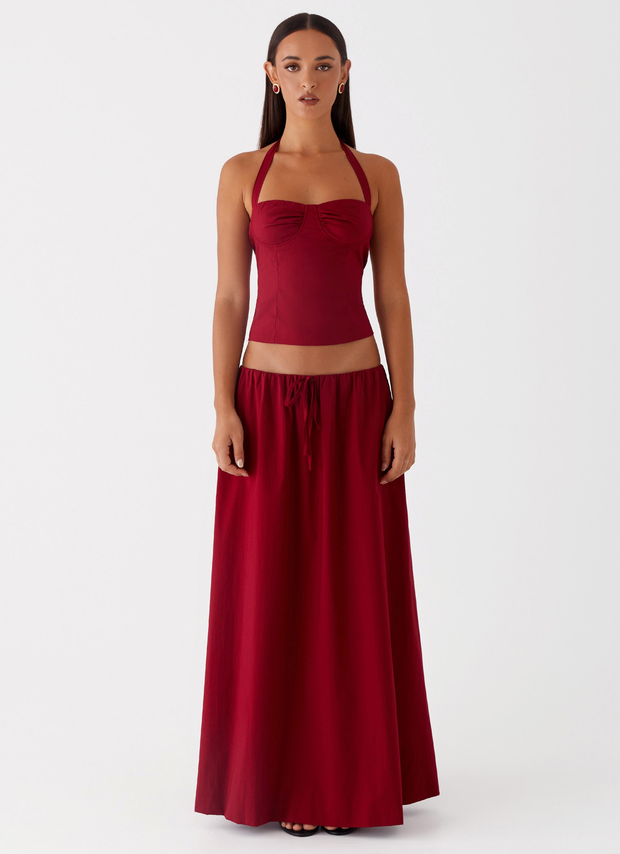 Cheryl Bustier Halter Top Women's Fashion - Cherry Red Satin Corset Top for Party, Date Night & Special Occasions