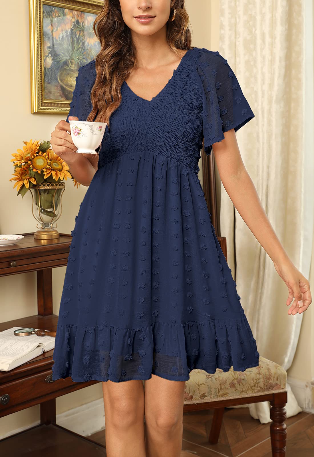 Annebouti Women's 2025 Spring Summer Mini Smocked Swiss Dot Dress - Short Sleeve Babydoll Casual Sundress for Beach, Picnic & Date Night