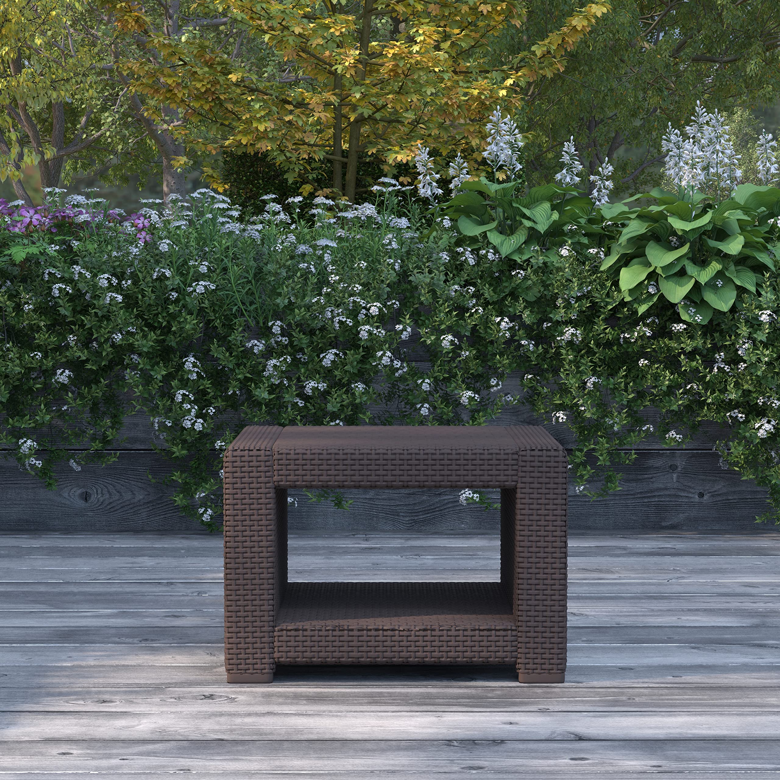 Merrick Lane Malmok Outdoor Side Table - All-Weather Chocolate Brown Faux Rattan Wicker Accent Table with Shelving - Perfect for Patio, Poolside & Garden Decor