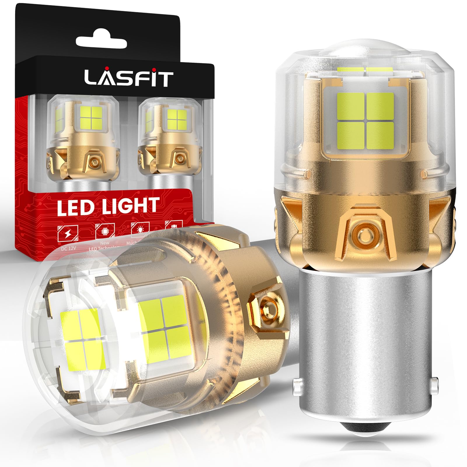 LASFIT L2 1156 LED Bulbs Reverse Lights - 2024 Upgraded 500% Brighter 7506 P21W 1003 BA15S LED Lamps with Projector Lens - Xenon White 6000K Backup Lights (2-Pack) - Perfect for Daytime Running & Nighttime Reversing in Cars, Trucks, SUVs