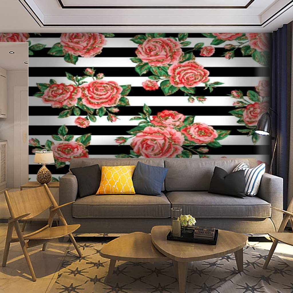 Self-Adhesive Floral Wallpaper Mural - Red Gold Glitter Roses & Peony Flowers with Black Stripes | Removable Peel & Stick Wall Decal for Living Room, Bedroom & Home Decor | Easy DIY Wall Sticker for Home Craft & Interior Design