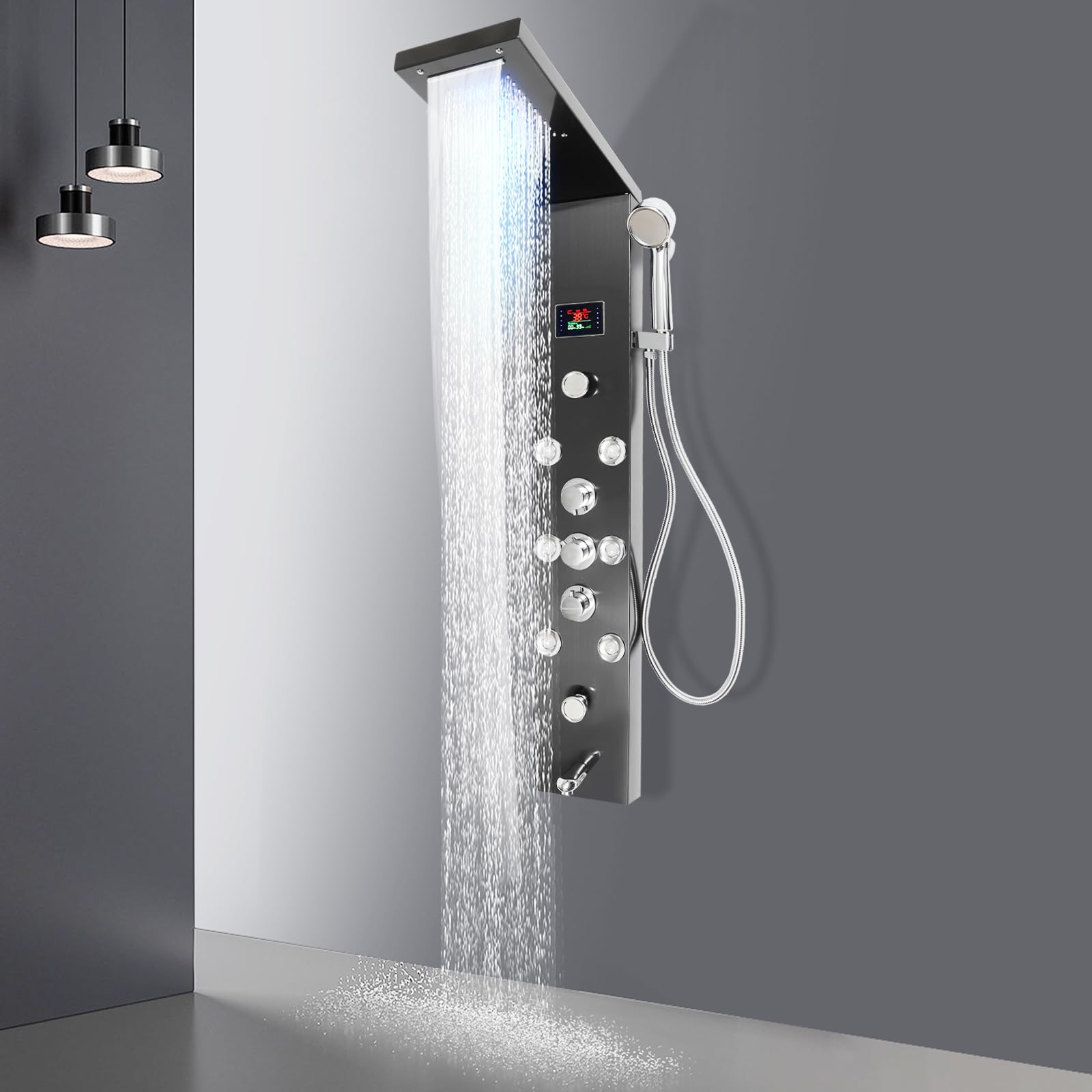 Premium Stainless Steel 6-Function Shower Panel Tower System with LED Rainfall Shower Head, Hydroelectric Display & Massage Jets - Spa-Like Bathroom Upgrade for Relaxing Rain Shower Experience