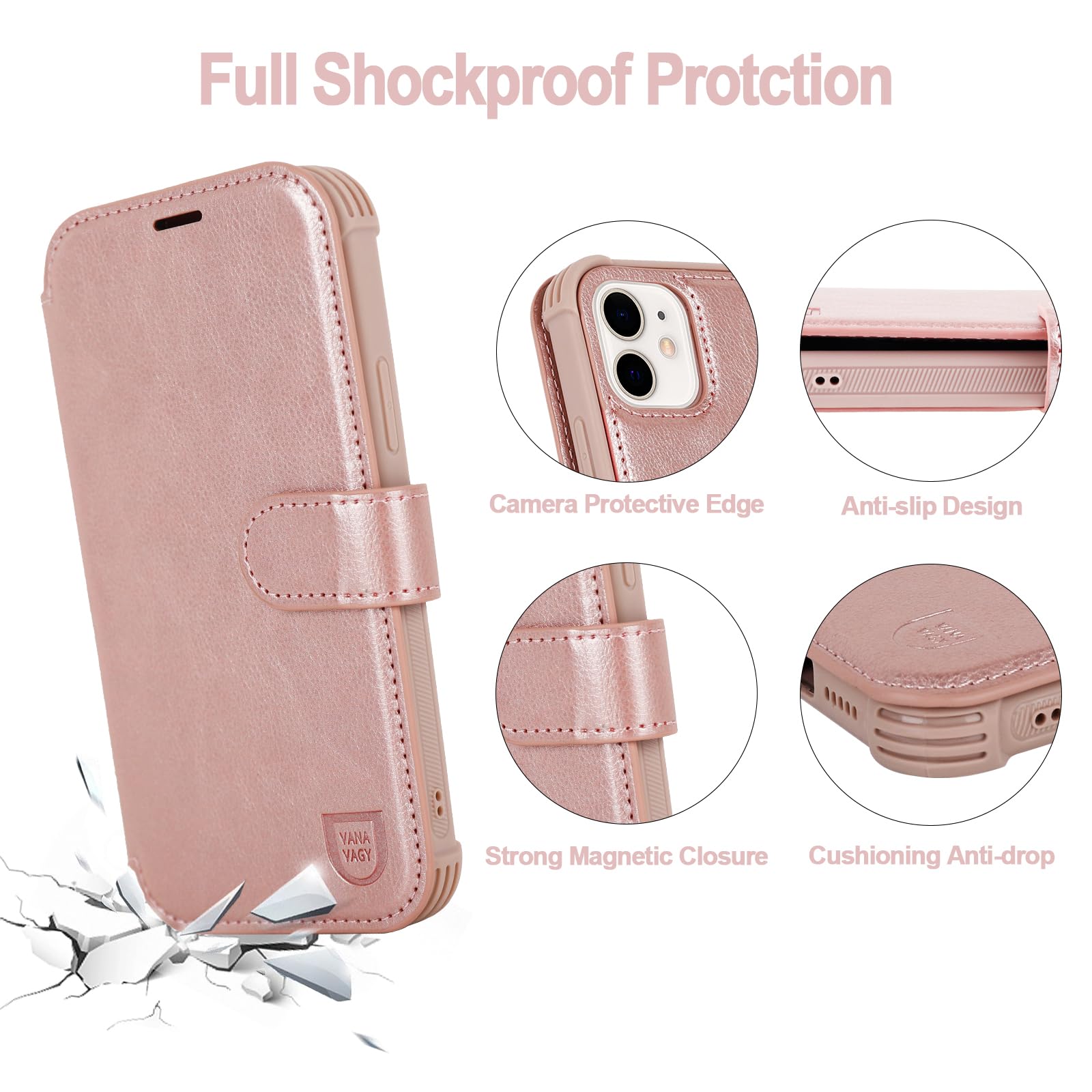 VANAVAGY RFID Leather Wallet Case for iPhone 12/12 Pro - Wireless Charging Compatible Flip Cover with Card Holder, Wrist Strap & Tempered Glass Screen Protector (Rose Gold) | Perfect for Daily Use, Travel & Business Professionals