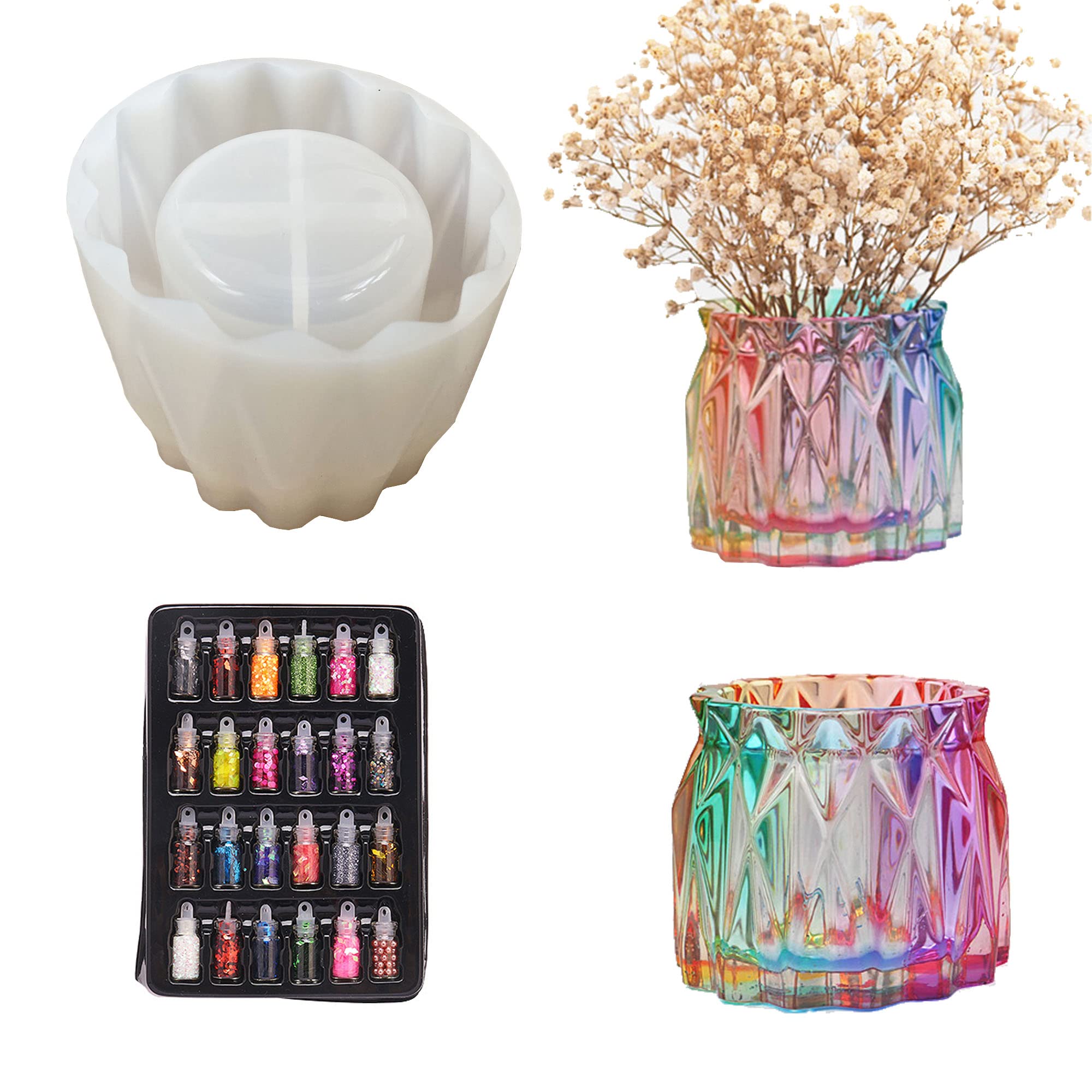 Cayway Diamond Faceted Vase Silicone Mold Set - Epoxy Resin Casting Molds with 24 Color Glitters for DIY Jewelry, Home Decor & Art Crafts - Perfect for Wedding Centerpieces, Gift Making & Resin Art Projects