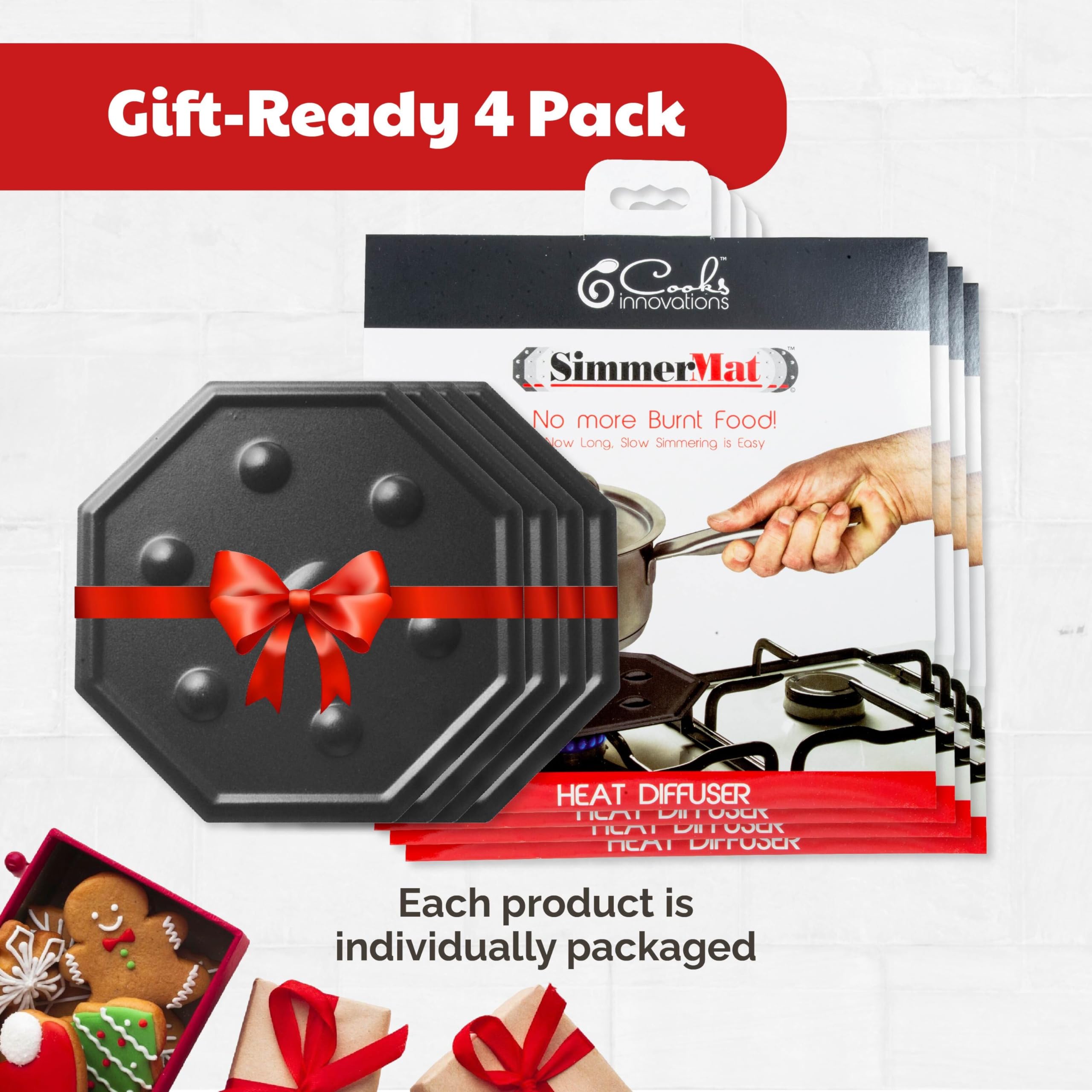 **SimmerMat Heat Diffuser for Gas & Electric Stoves - 4 Pack Stainless Steel Flame Diffuser Plates - Slow Cooking & Simmering Accessories - Dishwasher Safe Stove Top Cover - Perfect for Sauces, Stews & Low-Heat Cooking**