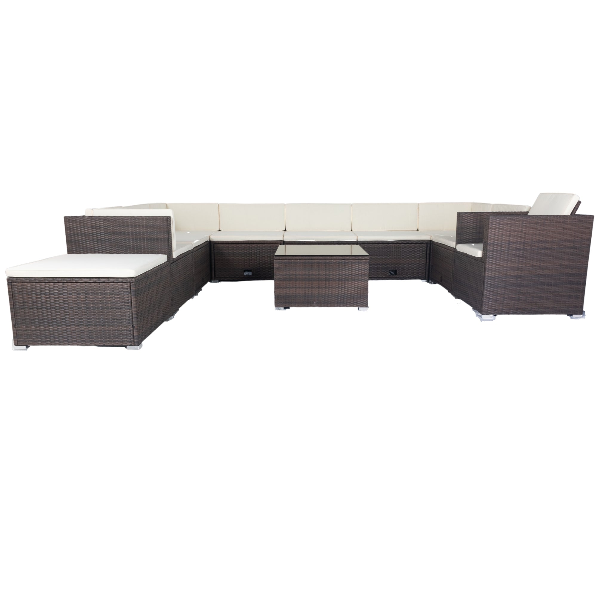 11-Piece Brown Wicker Patio Conversation Set with White Cushions - 10-Seater Outdoor Sectional Sofa with 3 Under-Seat Storage Boxes - Perfect for Garden, Backyard, Poolside & Terrace Relaxation