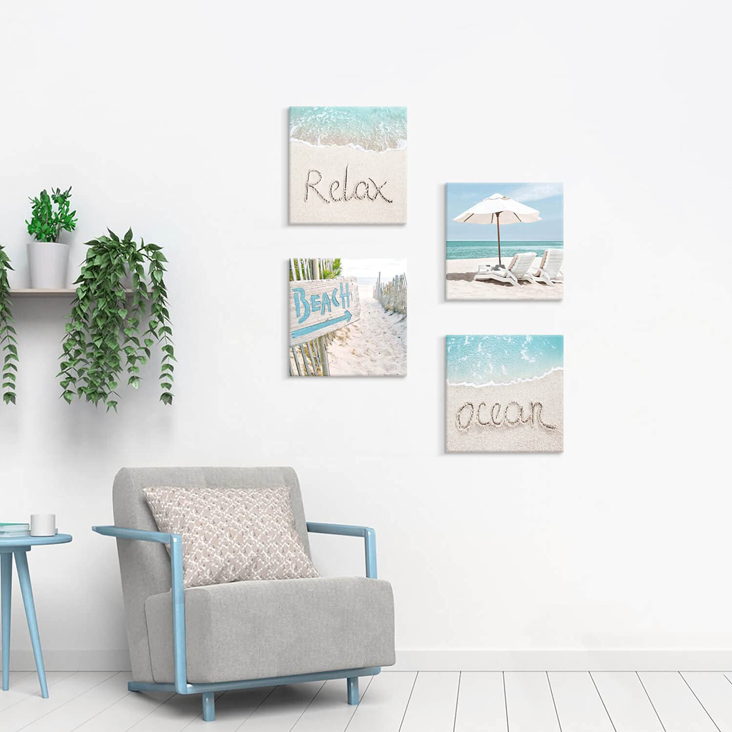 SD SOFT DANCE Coastal Wall Art Set - 4 Piece 16x16 Inch Beach & Ocean Canvas Prints for Bathroom Decor | Nautical Themed Painting for Seaside Home, Office or Spa Decoration