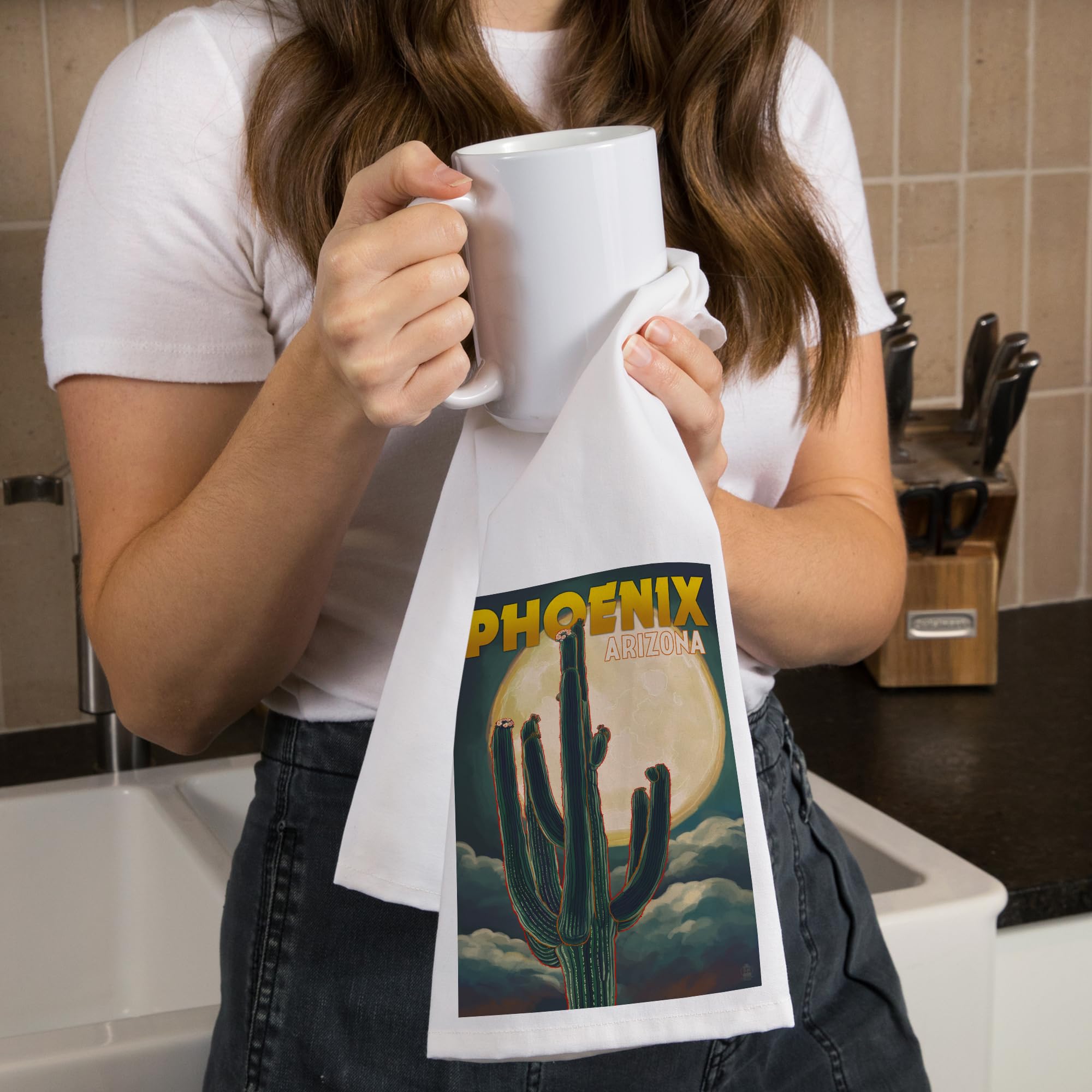 Lantern Press Phoenix Arizona Cactus and Full Moon Cotton Tea Towel - Decorative Hand Towel for Kitchen, Home Decor, Housewarming Gift - Perfect for Drying Dishes, Decorating, and Gifting