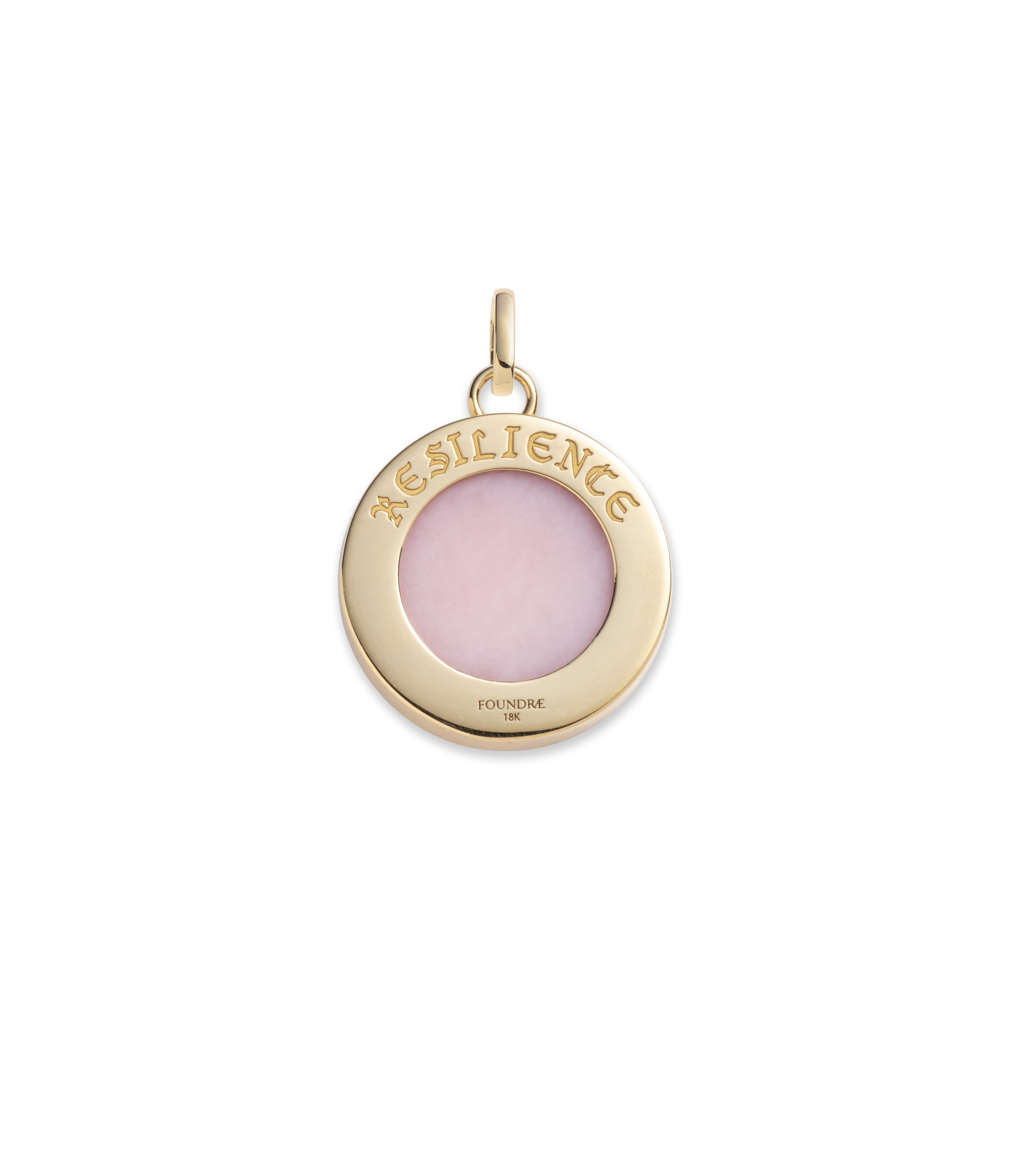 Floral Screen Resilience Medium Pink Opal Medallion Pendant in 14K Yellow Gold with Annex Link Chain - Perfect for Weddings, Anniversaries & Special Occasions