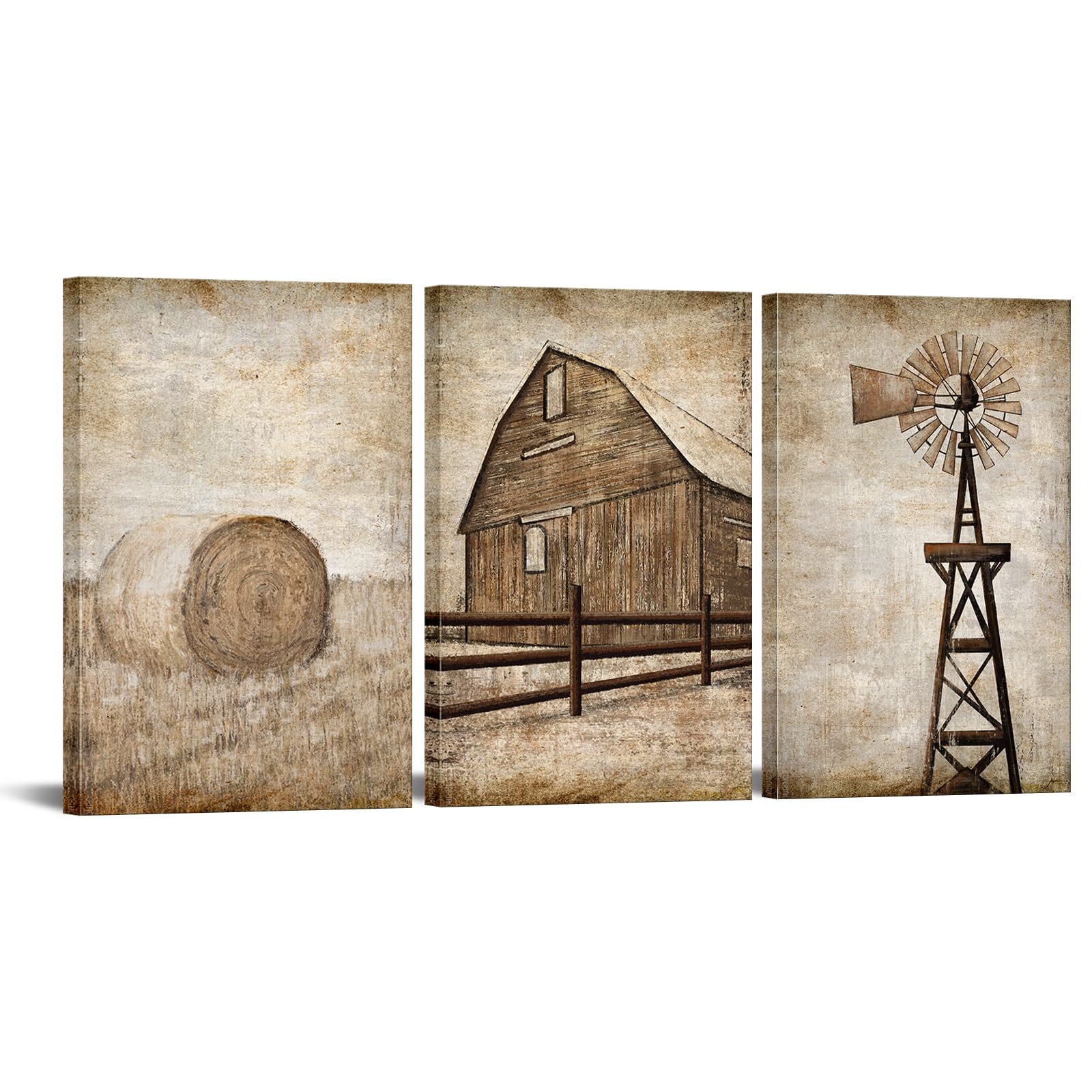 Apicoture Farmhouse Barn Windmill Wall Art - Rustic Country Landscape Canvas Prints Vintage Farm Pictures for Living Room Bedroom Wall Decor Framed 16