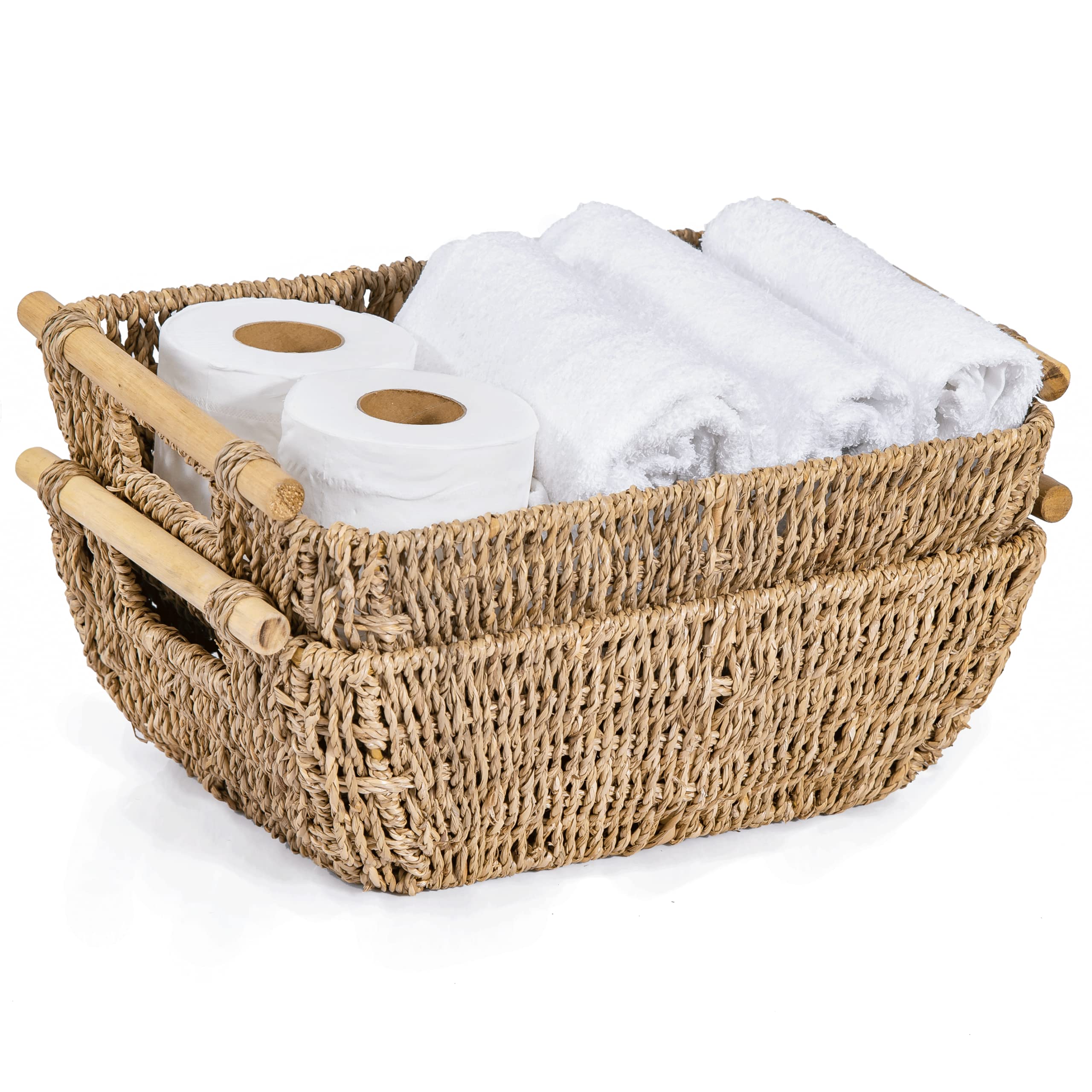Artera Large Woven Seagrass Storage Basket with Wooden Handles - 16.9” x 13” x 6” Shallow Wicker Organizer for Bathroom, Kitchen Pantry, Bedroom & Nursery - Perfect for Shelves, Drawers & Home Decor (Set of 2)