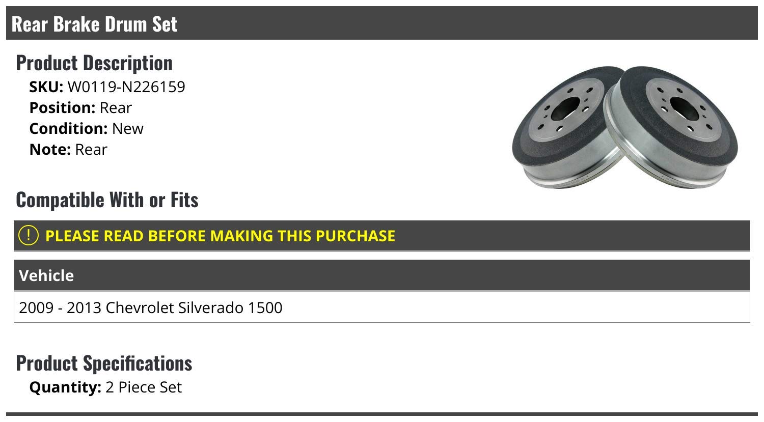 Rear Brake Drum Set 2-Piece Kit for 2009-2013 Chevy Silverado 1500 - Heavy-Duty Replacement for Smooth Braking Performance | Ideal for Off-Roading, Towing & Daily Commuting