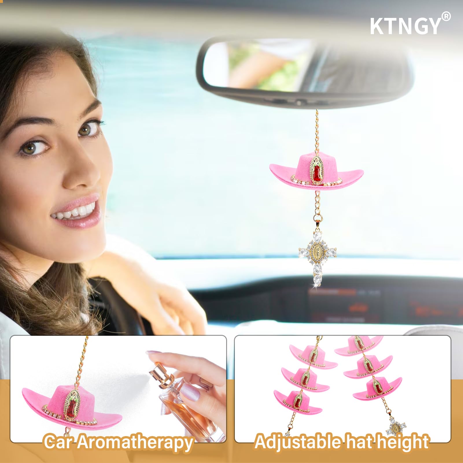 Cowboy Hat Crystal Cross Car Charm - Handmade Felt Mini Hat Ornament for Rearview Mirror, Pink Country Style Auto Interior Decor | Perfect for Western-Themed Vehicles, Truck Accessories & Country Music Lovers' Cars