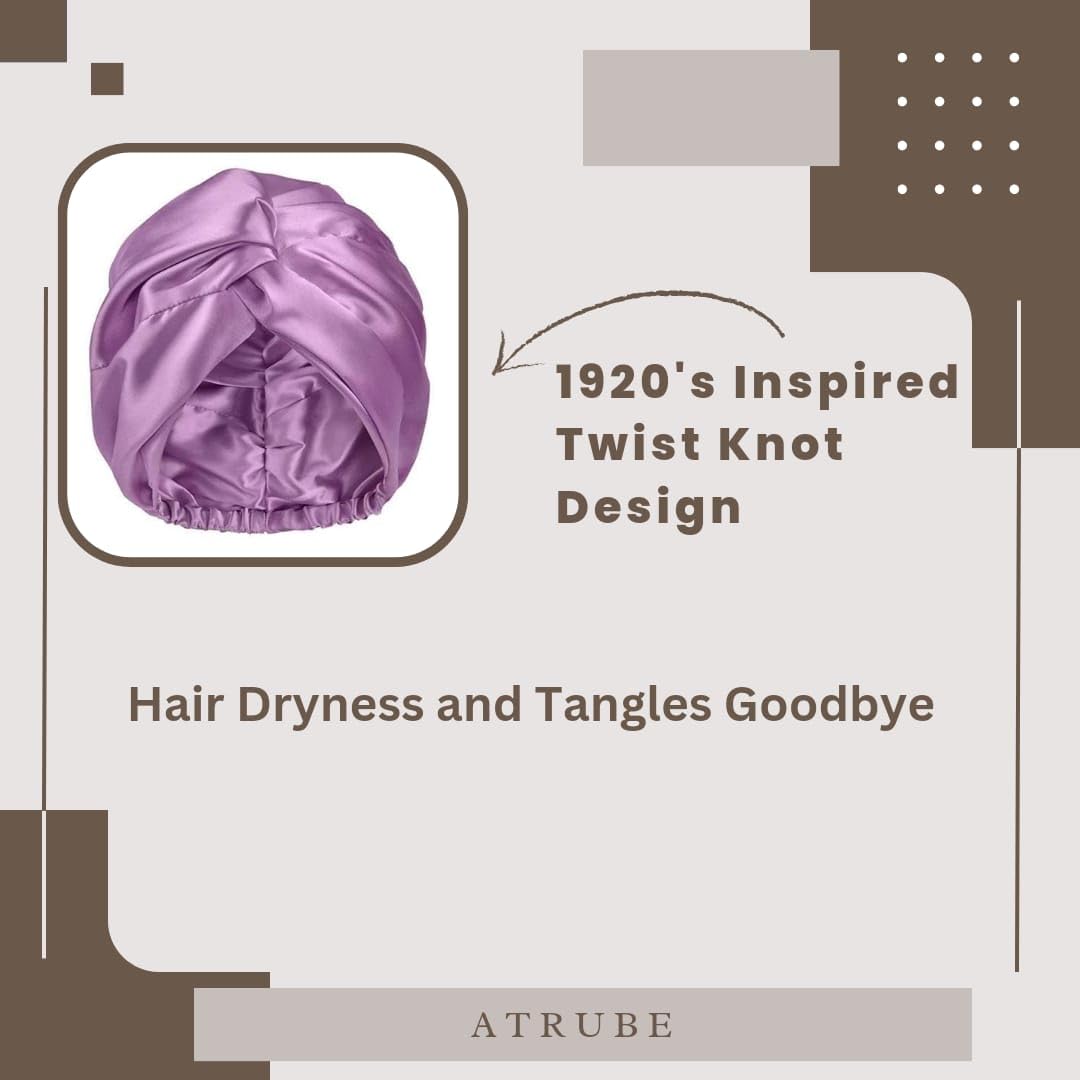 Atrube Reversible Silk Satin Sleep Bonnet for Women - Adjustable Tie Head Wrap with Scrunchies - Purple (21