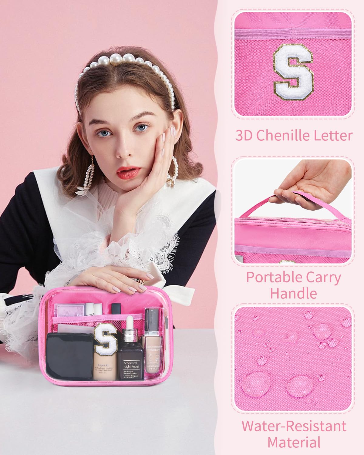Wandering Nature Clear Makeup Bags 2 Pack - Personalized Initial Cosmetic Pouch Organizer, Preppy Small Travel Toiletry Bag for Women | Perfect Birthday Gift for Girlfriend, Ideal for Travel, Gym & Daily Makeup Storage