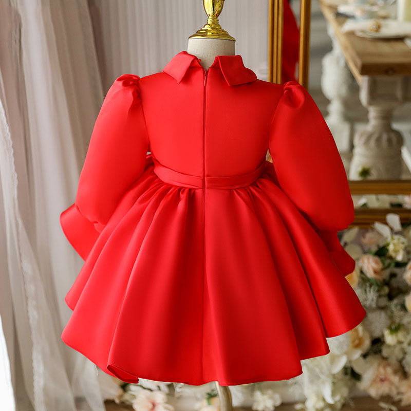 Elegant Red Satin A-Line Flower Girl Dress with Collar & Lantern Sleeves - Perfect for Weddings, Pageants & Special Occasions
