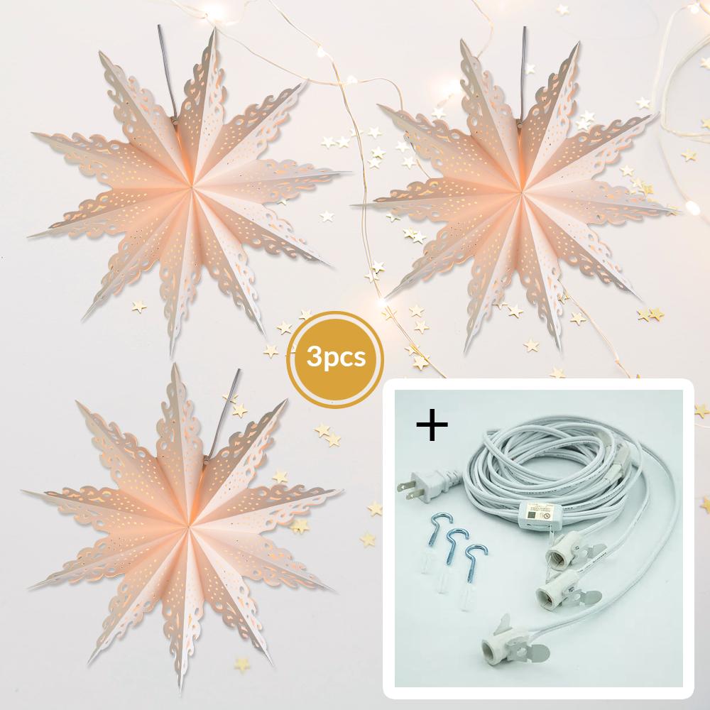 3-Pack White Winter Ice Crystal 32-Inch Pizzelle Designer LED Paper Star Lantern with Bulbs & Cord - Perfect for Christmas Decor, Holiday Parties & Winter Home Decor