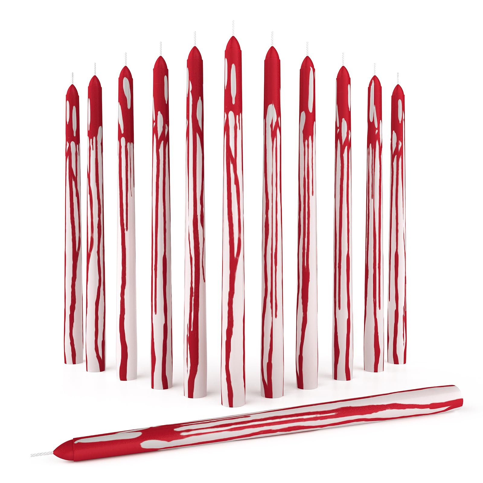 CANDWAX 12 Inch Unscented Taper Candles - Set of 12, 10-Hour Burn Time, No Drip Design - Perfect for Halloween Decor, Dinner Parties, Wedding Centerpieces & Holiday Celebrations - Blood Red & White Candles