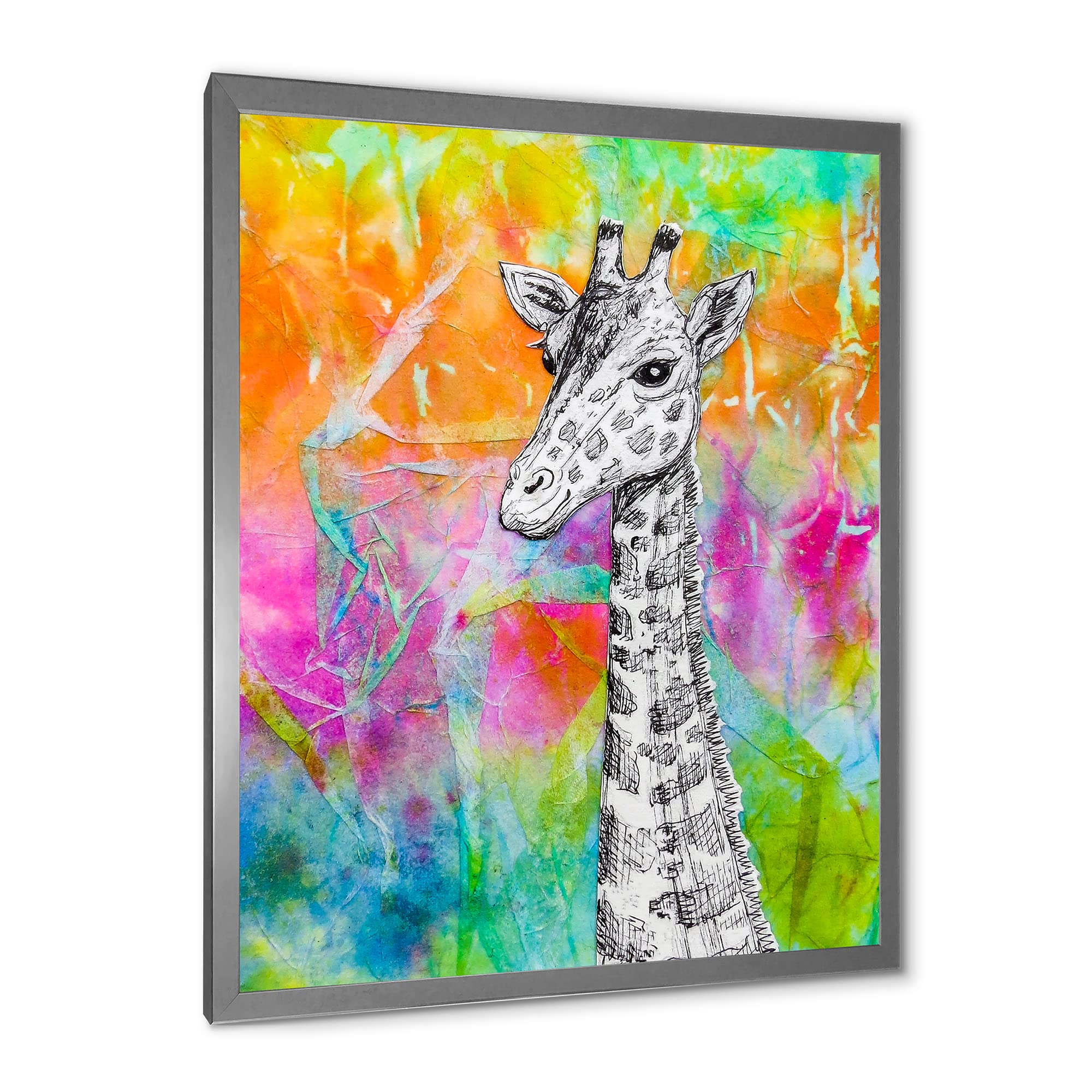 DesignQ White Giraffe Drawing on Rainbow - Kids Room Wall Art Decor, Framed Nursery Painting for Baby & Children's Bedroom - Perfect for Playrooms, Daycares & Preschool Classrooms