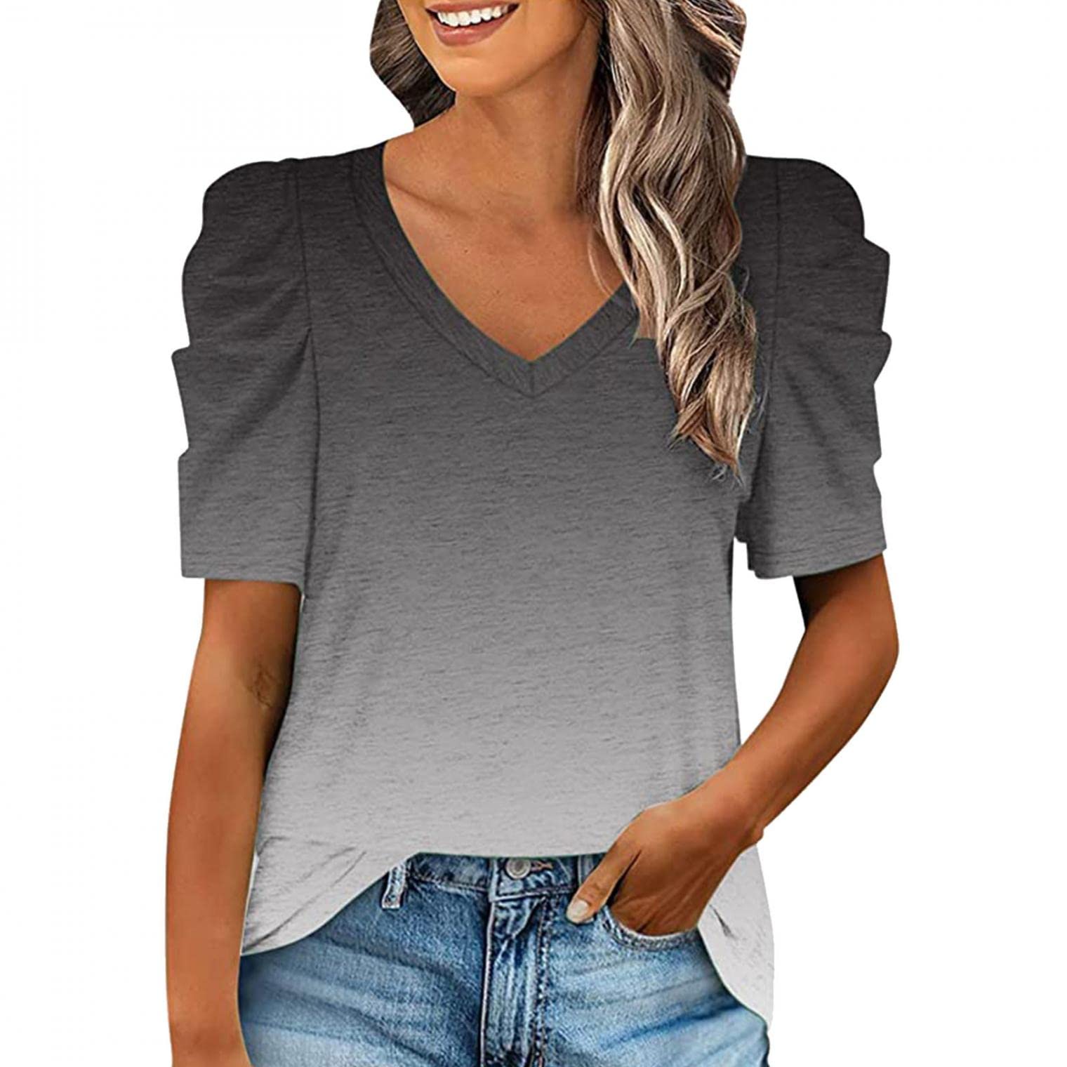 Women's Ruched Short Sleeve V-Neck Tunic Tops - Loose Fit Casual Blouse & Elegant Summer Tee Shirt | Perfect for Office Wear, Date Nights & Weekend Outfits